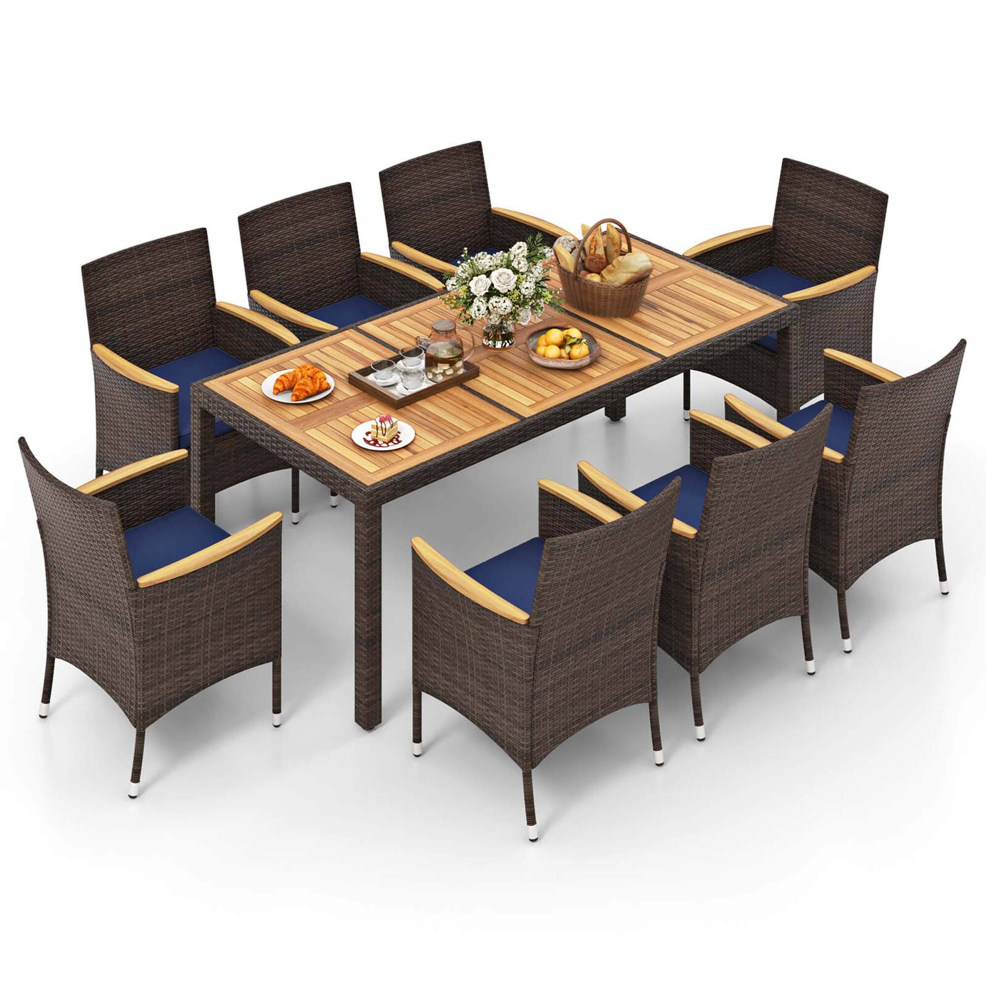 Alt View 9. Costway - 9PCS Outdoor Dining Set with Acacia Wood Table Top Patio Dining Set for 8 People - Brown & Navy.