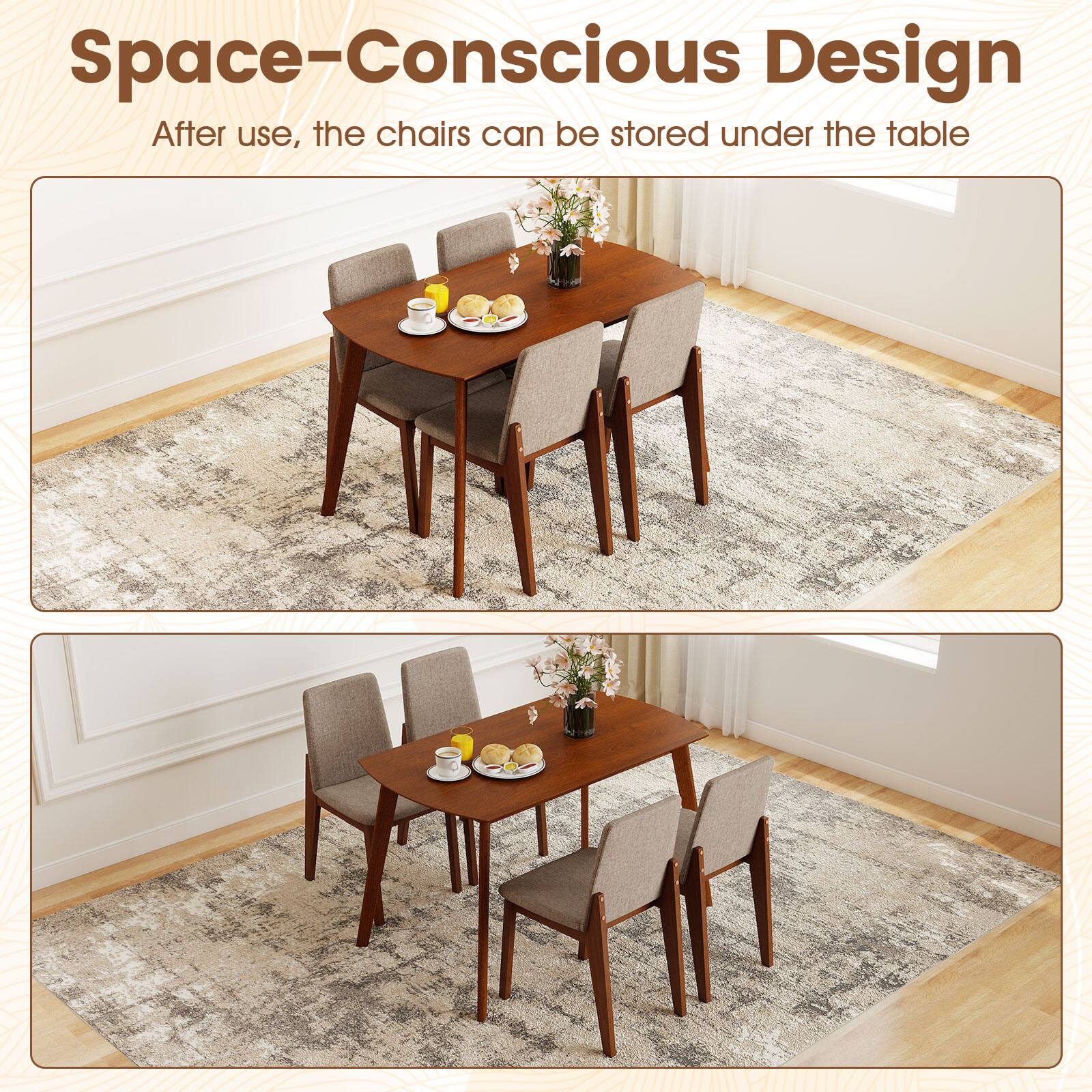 Space-Conscious Design  
After use, the chairs can be stored under the table