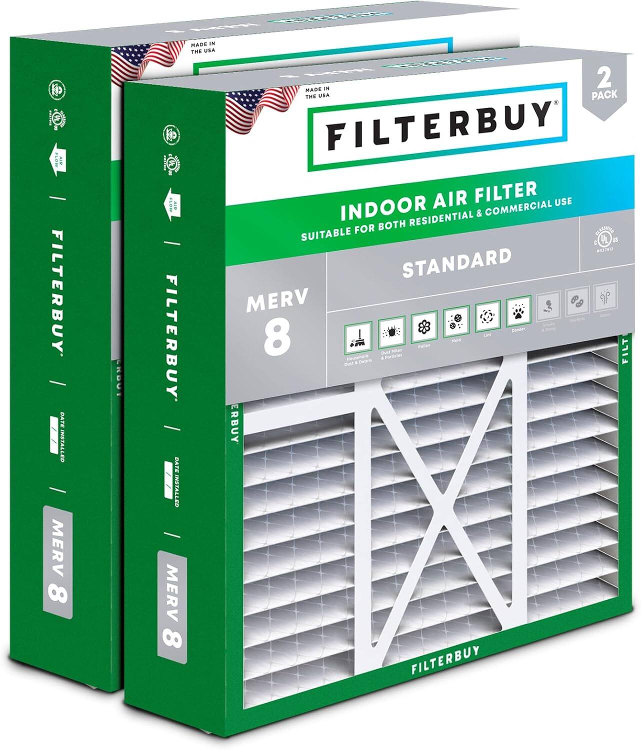 Filterbuy - 20x22x5 MERV 8 Dust & Allergy Defense, Pleated HVAC AC Furnace Air Filters Replacement for Amana & More (2-Pack) - Silver