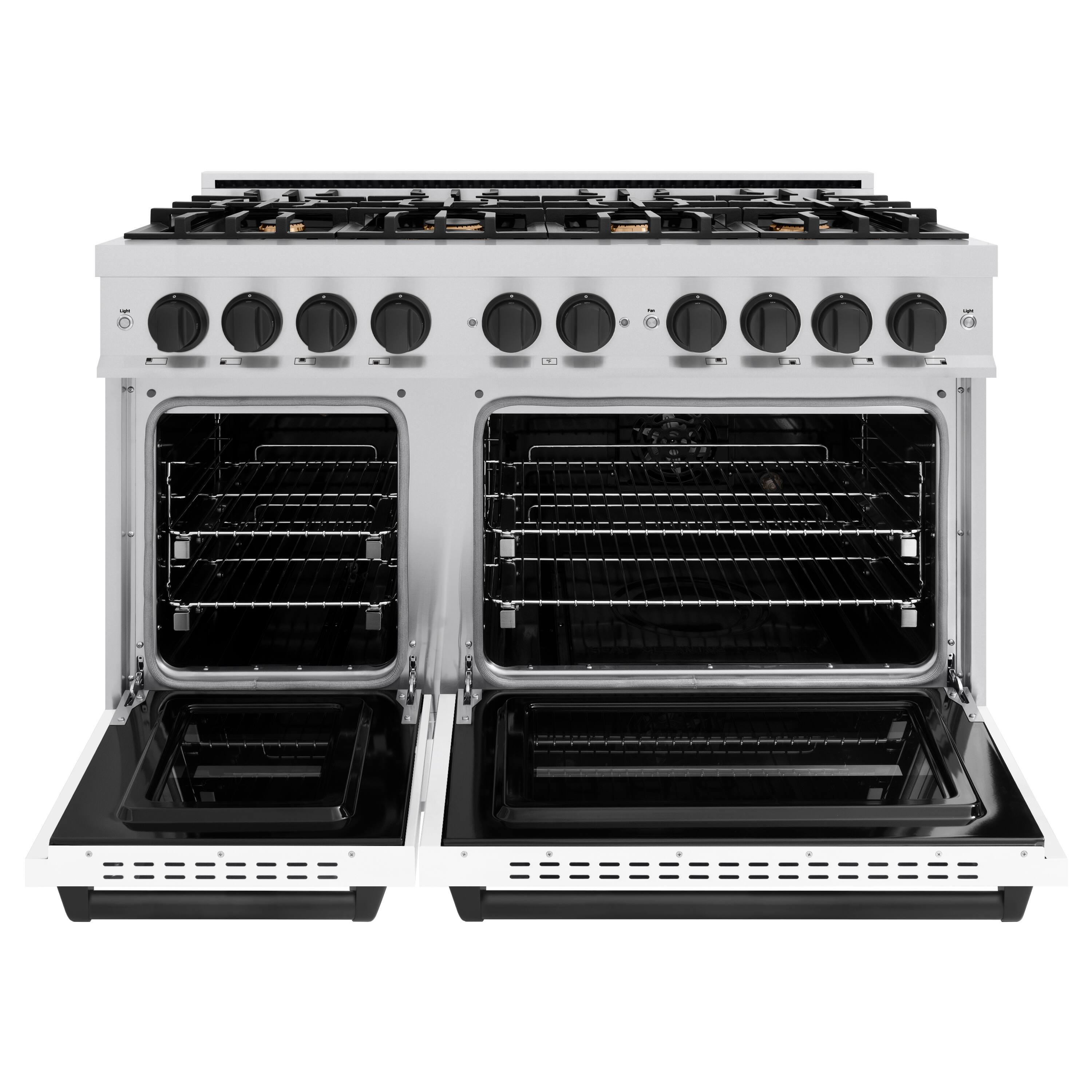 Angle. ZLINE - ZLINE Autograph 48" Classic Gas Range with 8 Burners and Black Accents (CGRZ-WM-48-MB) - Satin Steel/White.