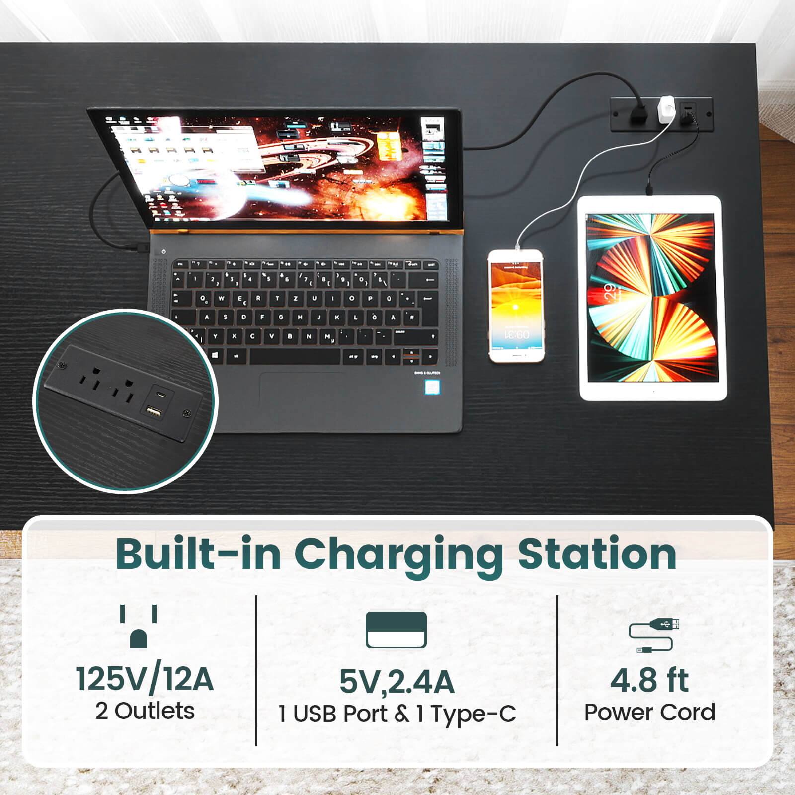 Built-in Charging Station

125V/12A  
2 Outlets

5V, 2.4A  
1 USB Port & 1 Type-C

4.8 ft Power Cord