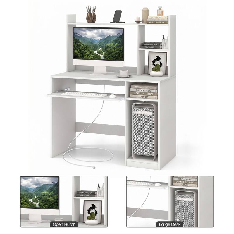 WELLFOR 43.5 " Computer Desk with Keyboard Tray and Power Outlets, Home ...