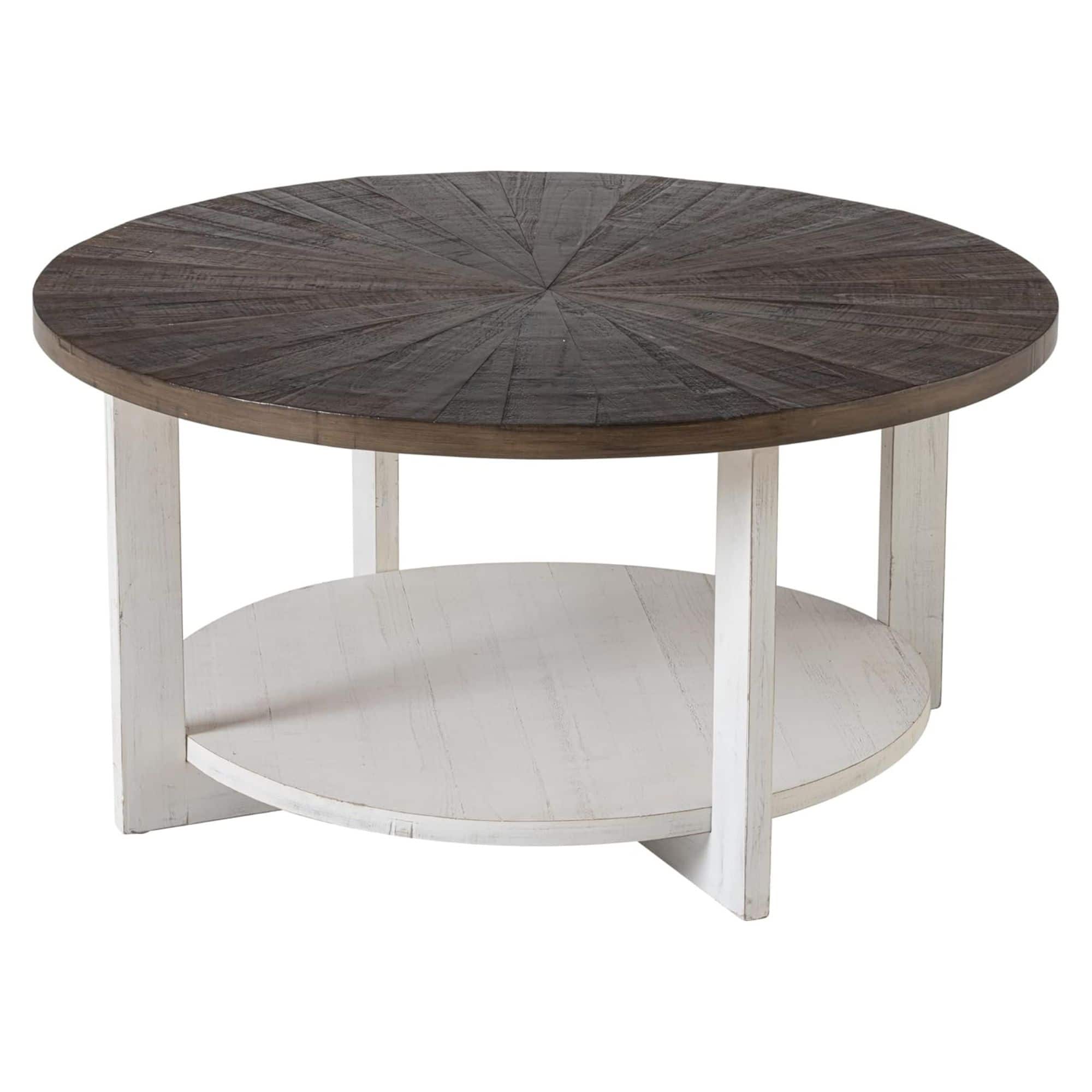 COZAYH - Rustic Farmhouse Large Round Wood Coffee Table with Storage Shelf, Brown - White & Brown