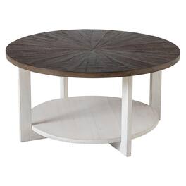 COZAYH - Rustic Farmhouse Large Round Wood Coffee Table with Storage Shelf, Brown - White & Brown