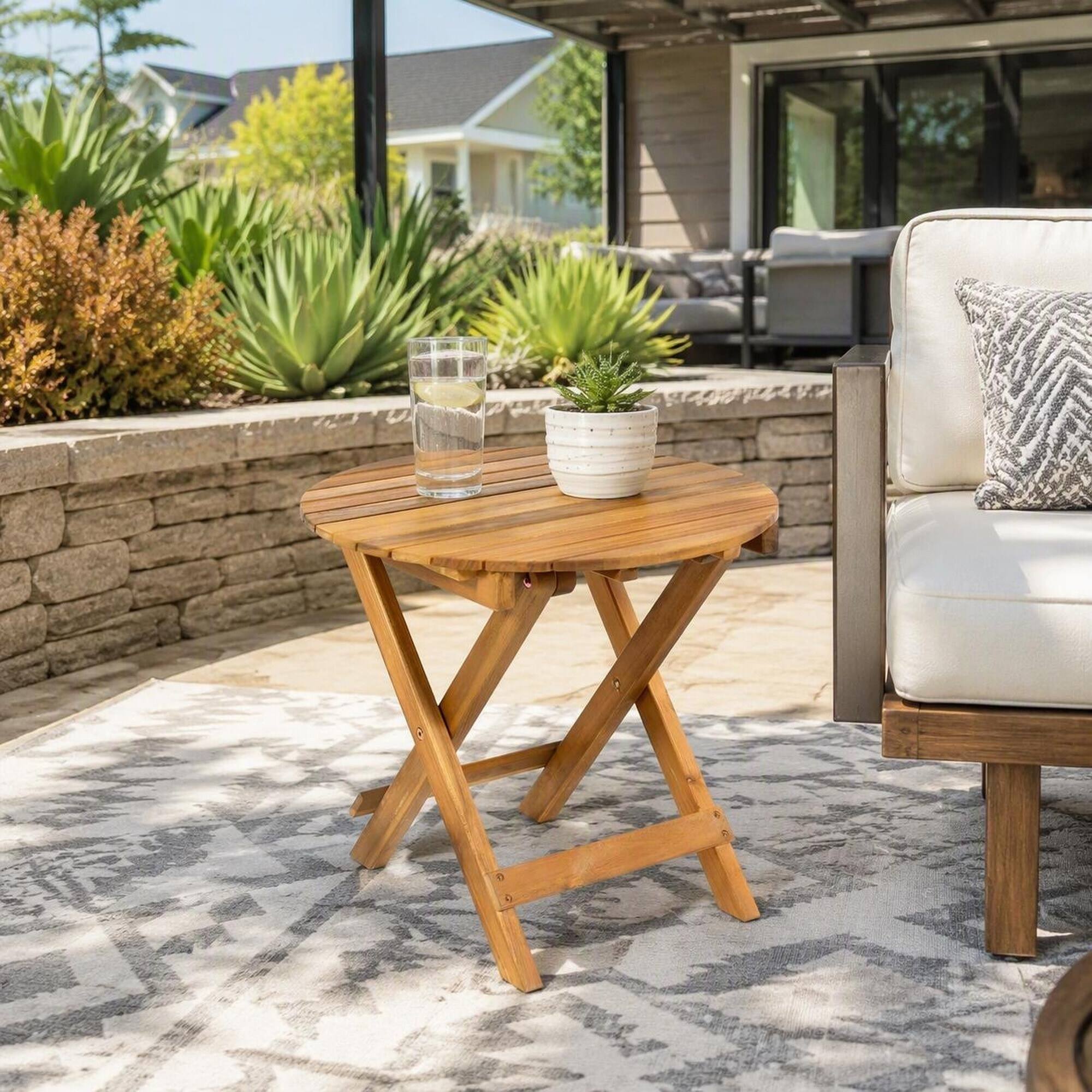 Back. RYHNUYNE - Outdoor Folding Round Side Table Solid Acacia Wood Portable Patio End Table for Backyard Balcony Garden - Teak.