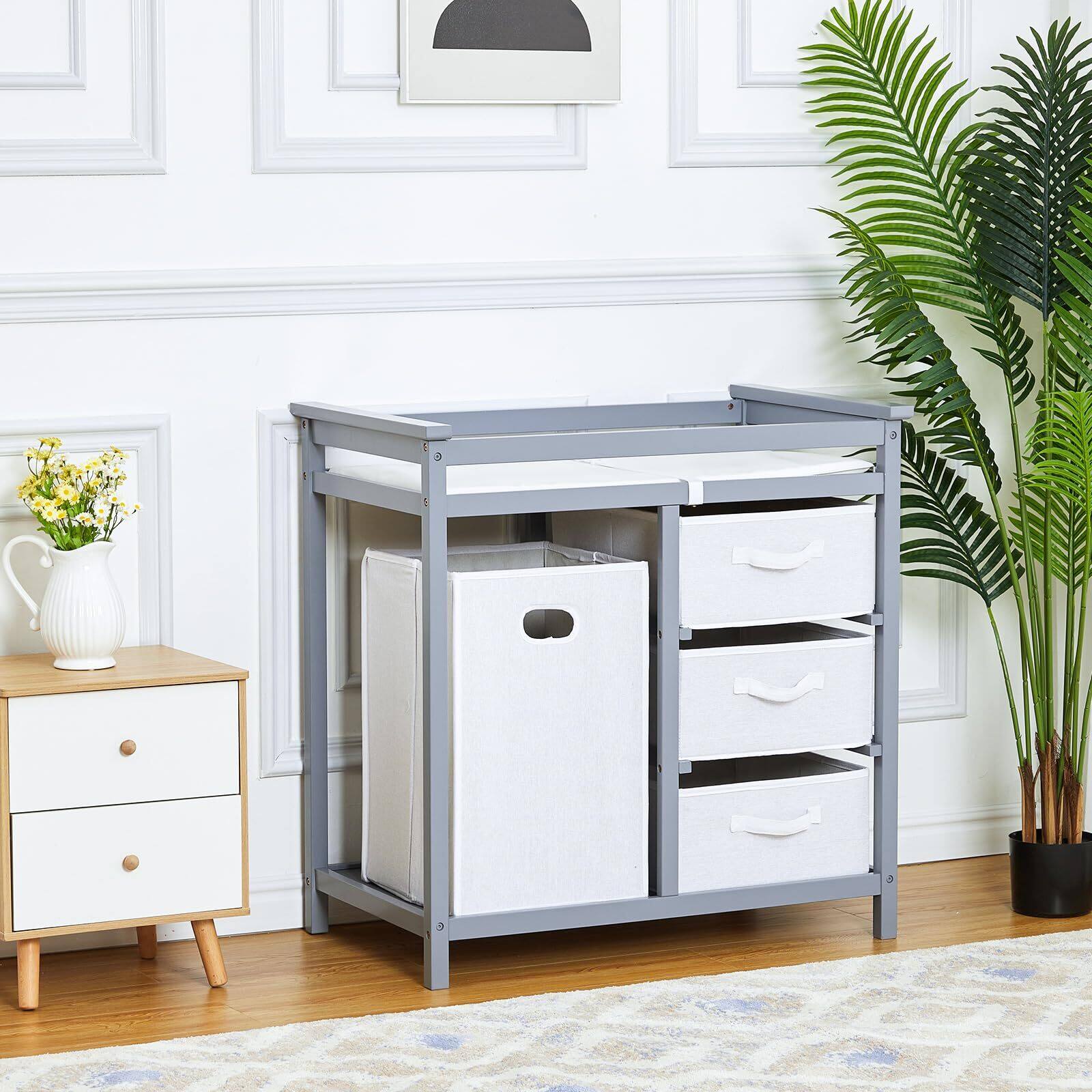 Alt View 2. Jojoka - Wooden Baby Changing Table,Modern Diaper Changing Table,Infant Diaper Station Dresser - Grey.