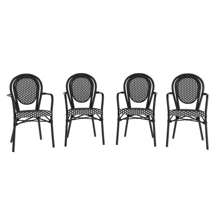 Front. Emma + Oliver - Colmar Set of Four Indoor/Outdoor Stacking Thonet Bistro Style Chairs with Arms, PE Rattan Seat and Finished Metal Frame - Black & White/Black Frame.