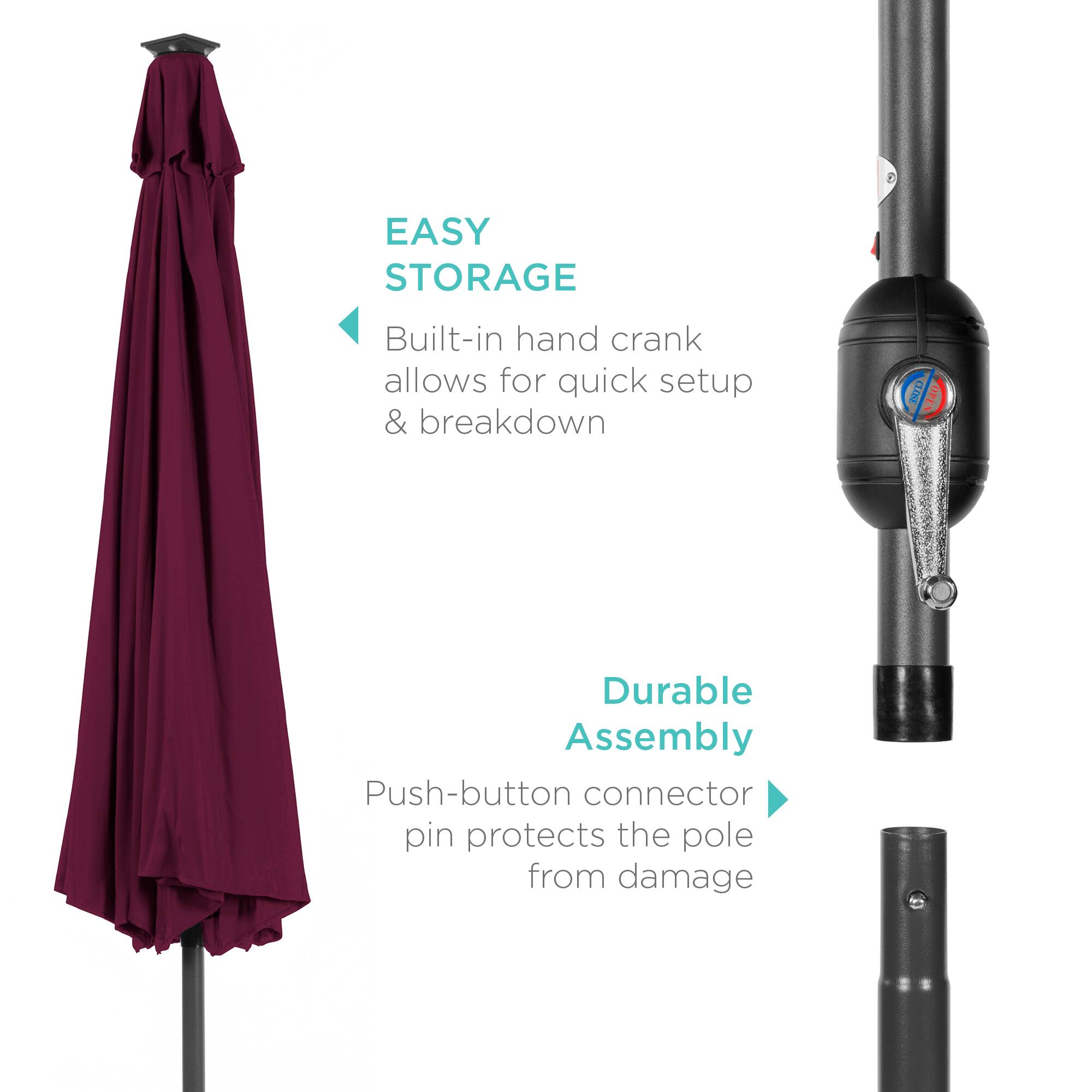 **EASY STORAGE**
- Built-in hand crank allows for quick setup & breakdown

**DURABLE ASSEMBLY**
- Push-button connector pin protects the pole from damage