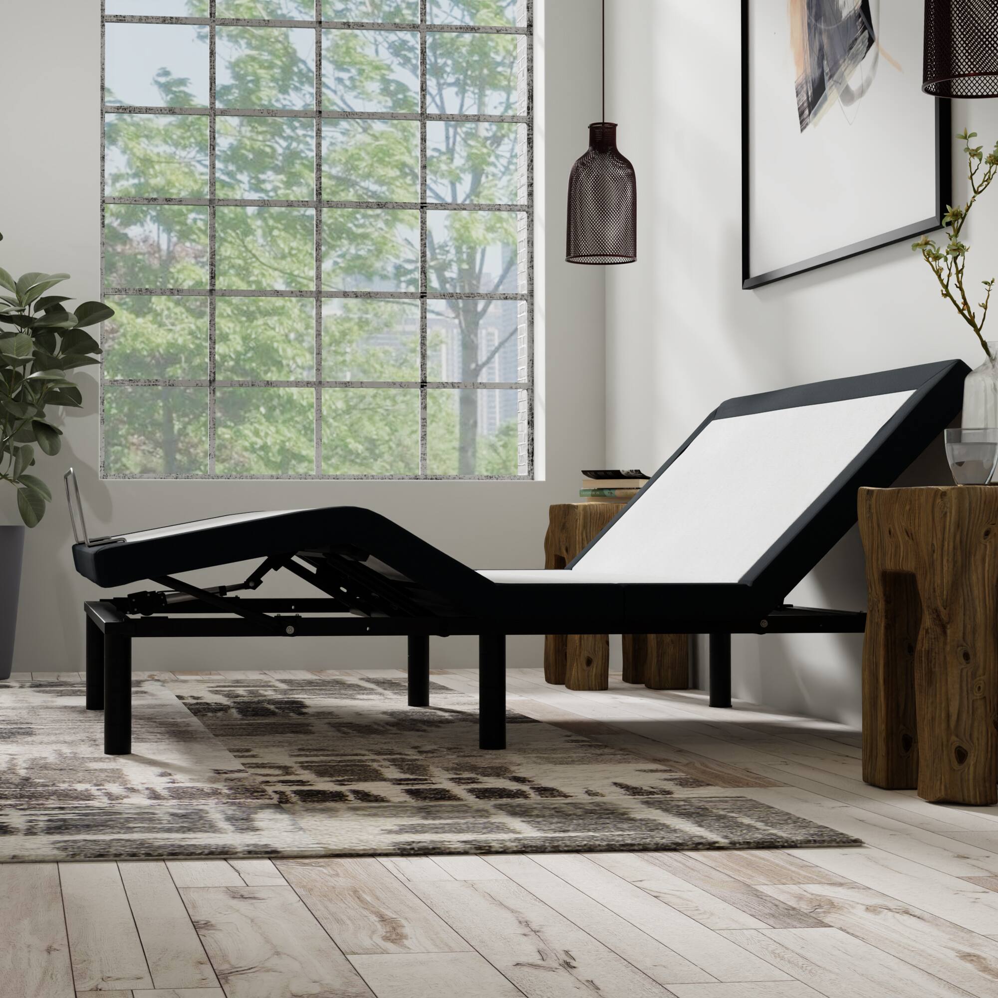 Left. Tiramisubest - Adjustable Base King: Massage, USB, LED, Zero Clearance, White + Charcoal, Metal, 79x75x15 in, 128 lbs - White+ Charcoal.