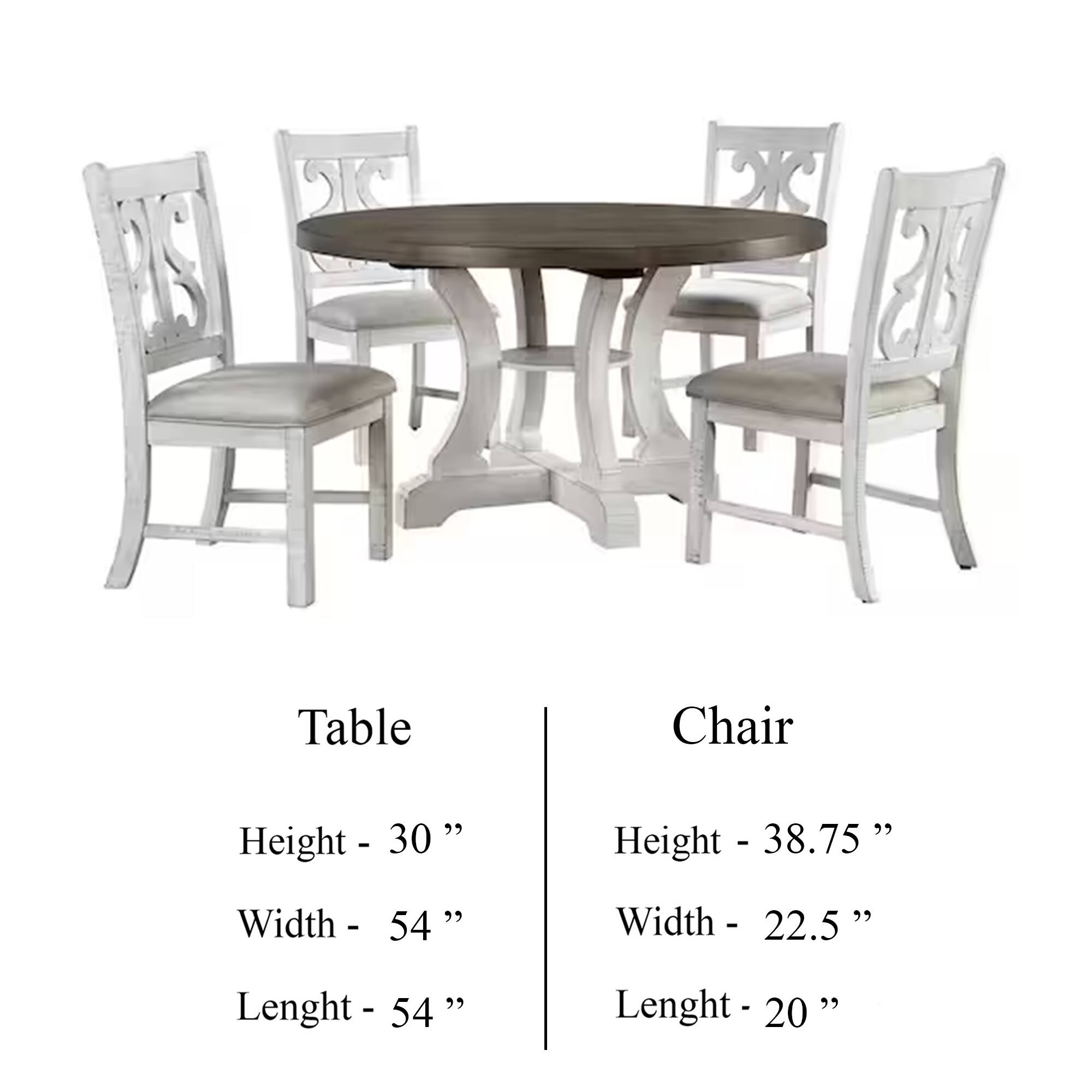 Table  
Height - 30 "  
Width - 54 "  
Lenght - 54 "  

Chair  
Height - 38.75 "  
Width - 22.5 "  
Lenght - 20 "