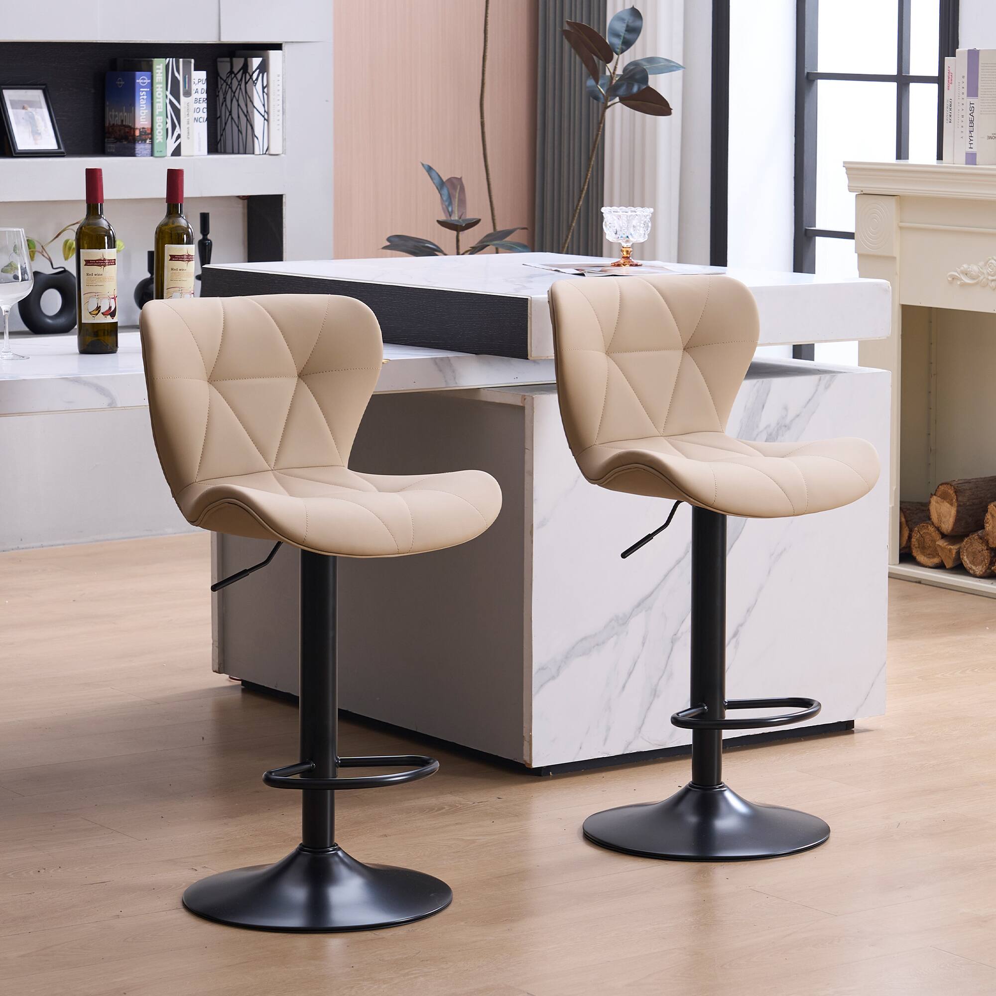 FERPIT - Set of 2 Modern Adjustable Height Bar Stools Padded PU Leather Swivel Stools - Khaki