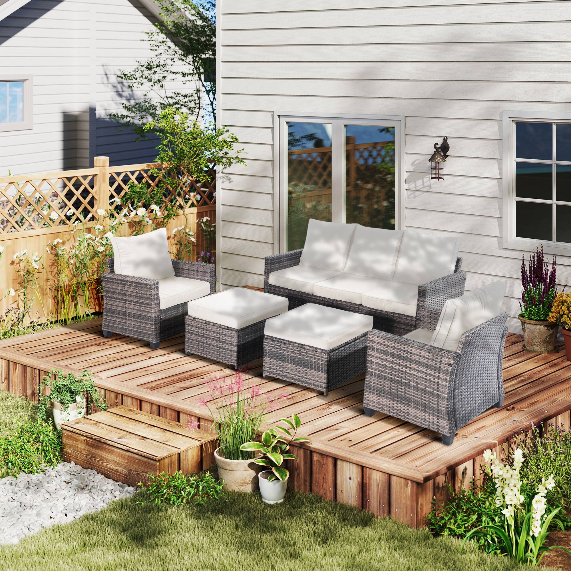 Left. Decksplore - 5-Piece Outdoor Wicker Patio Conversation Set with 2 Ottomans and Beige Cushions - Off-white.