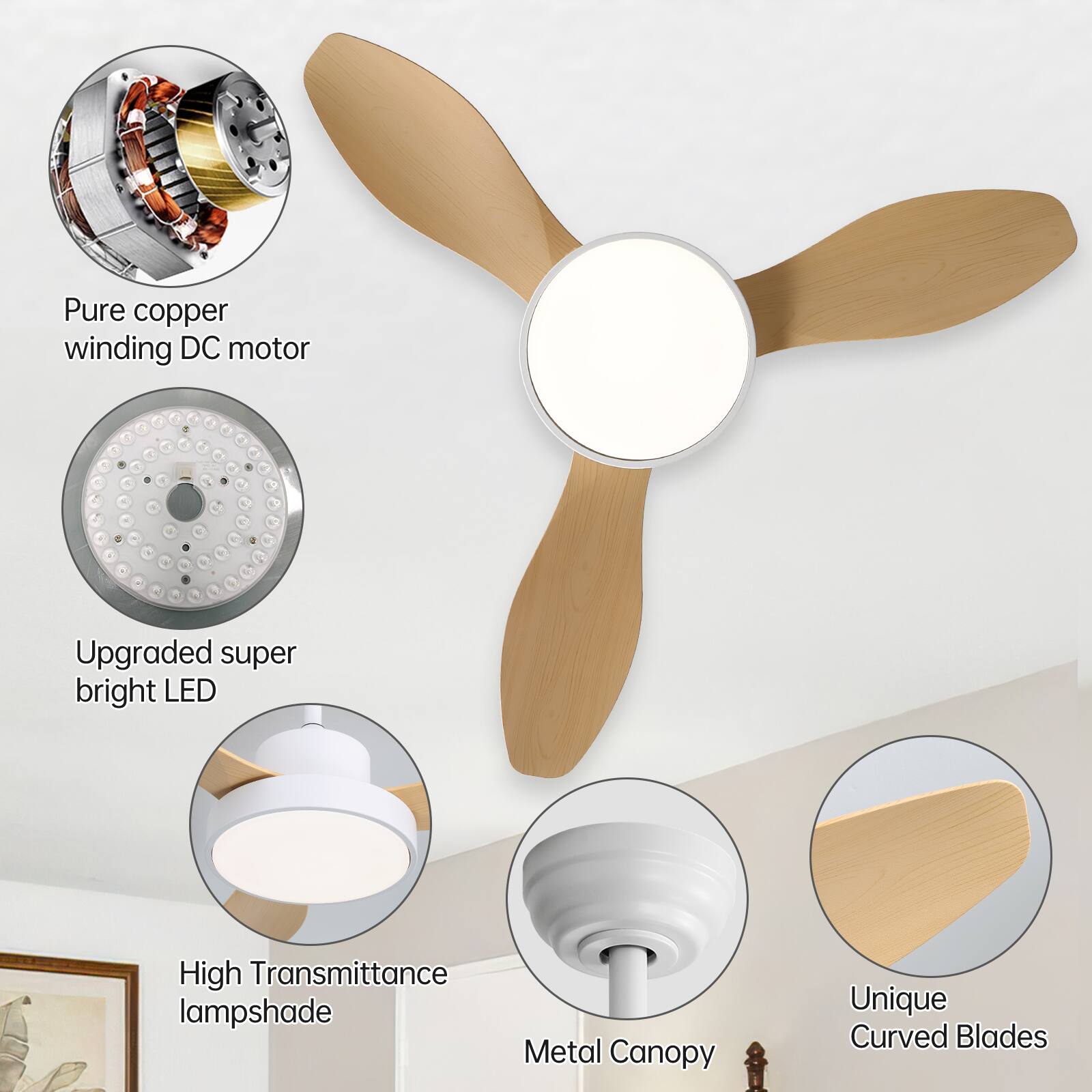 - Pure copper winding DC motor
- Upgraded super bright LED
- High Transmittance lampshade
- Metal Canopy
- Unique Curved Blades