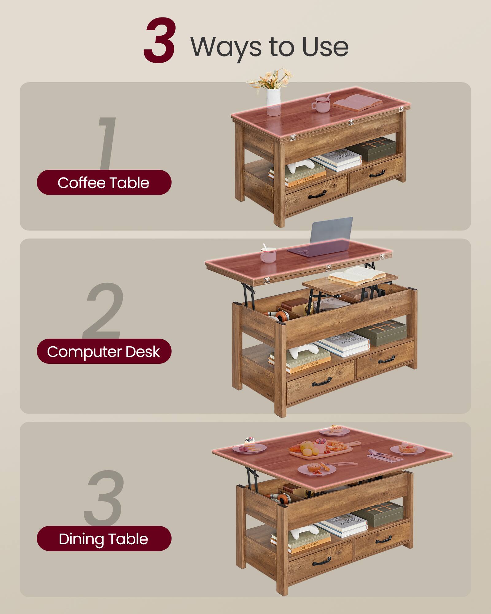 3 Ways to Use

1. Coffee Table
2. Computer Desk
3. Dining Table