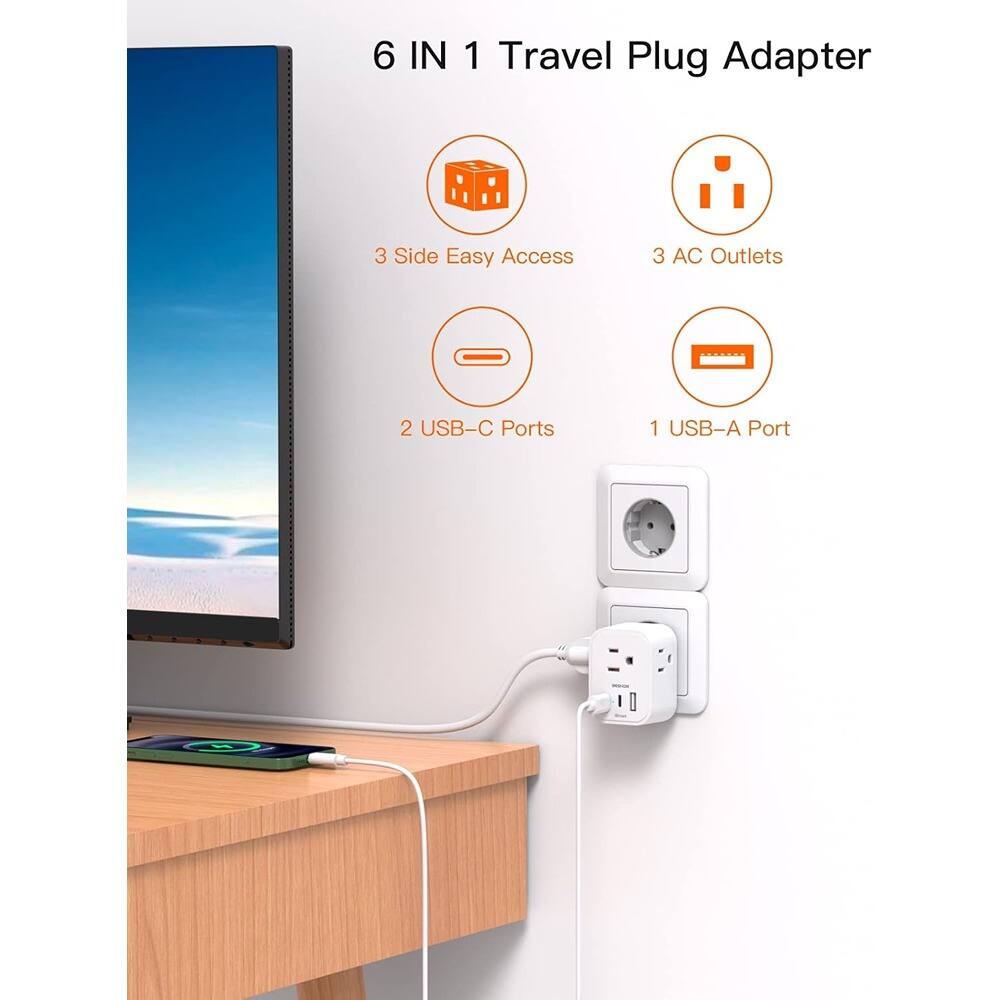 6 IN 1 Travel Plug Adapter

- 3 Side Easy Access
- 3 AC Outlets
- 2 USB-C Ports
- 1 USB-A Port