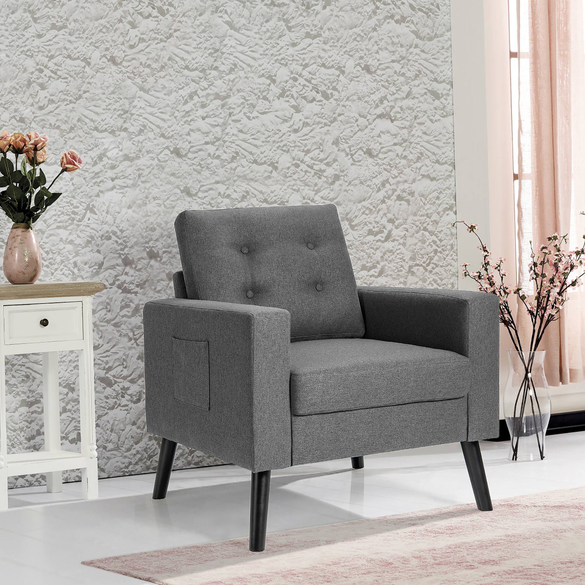 Angle. Costway - Modern Accent Upholstered Single Sofa Chair with 2-Side Pockets - Grey.
