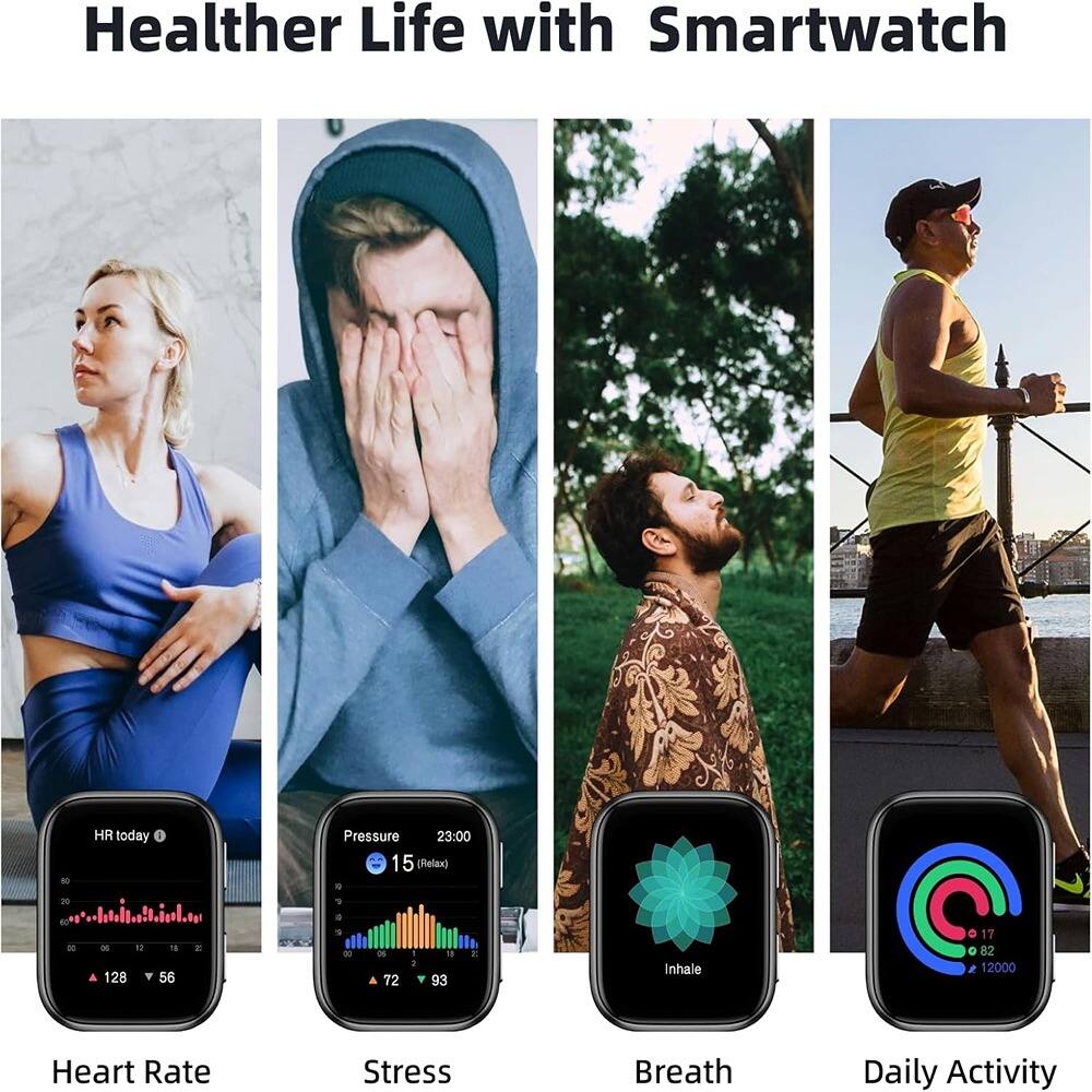 Healther Life with Smartwatch

Heart Rate
HR today
128 56

Stress
Pressure 23:00
15 (Relax)
72 93

Breath
Inhale

Daily Activity
17
82
12000