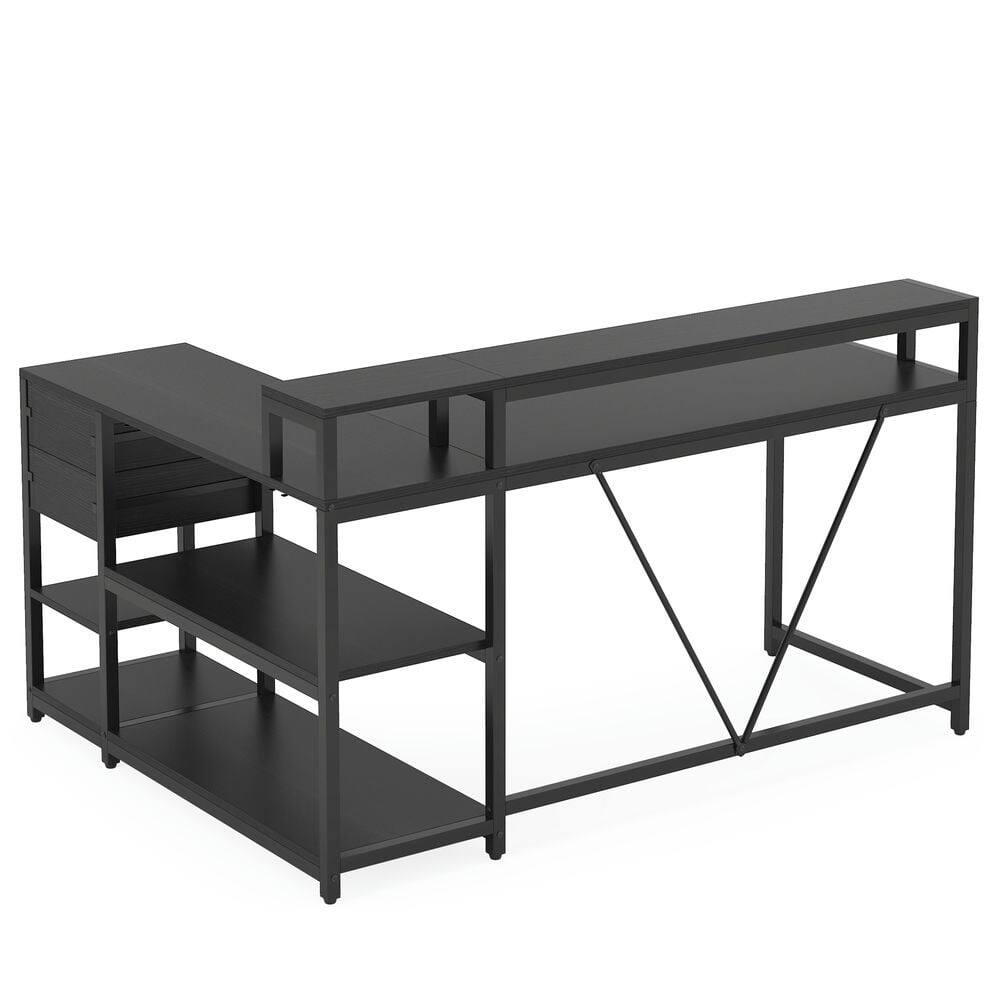 Angle. Kadyn - Kadyn Study Writing Desk, Computer Desk,Reversible L-Shaped Desk, Industrial Corner Desk with Drawer & Shelves,Black - Black.