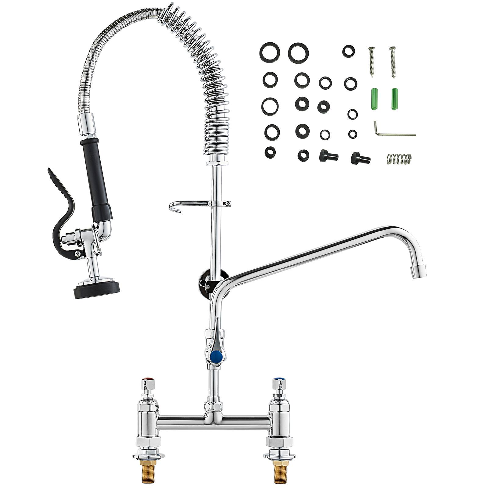 Alt View 5. VEVOR - Commercial Faucet with Pre-Rinse Sprayer, 26" Height, 8" Center, 12" Swing Spout, Deck Mount Kitchen Sink Faucet - Silver.