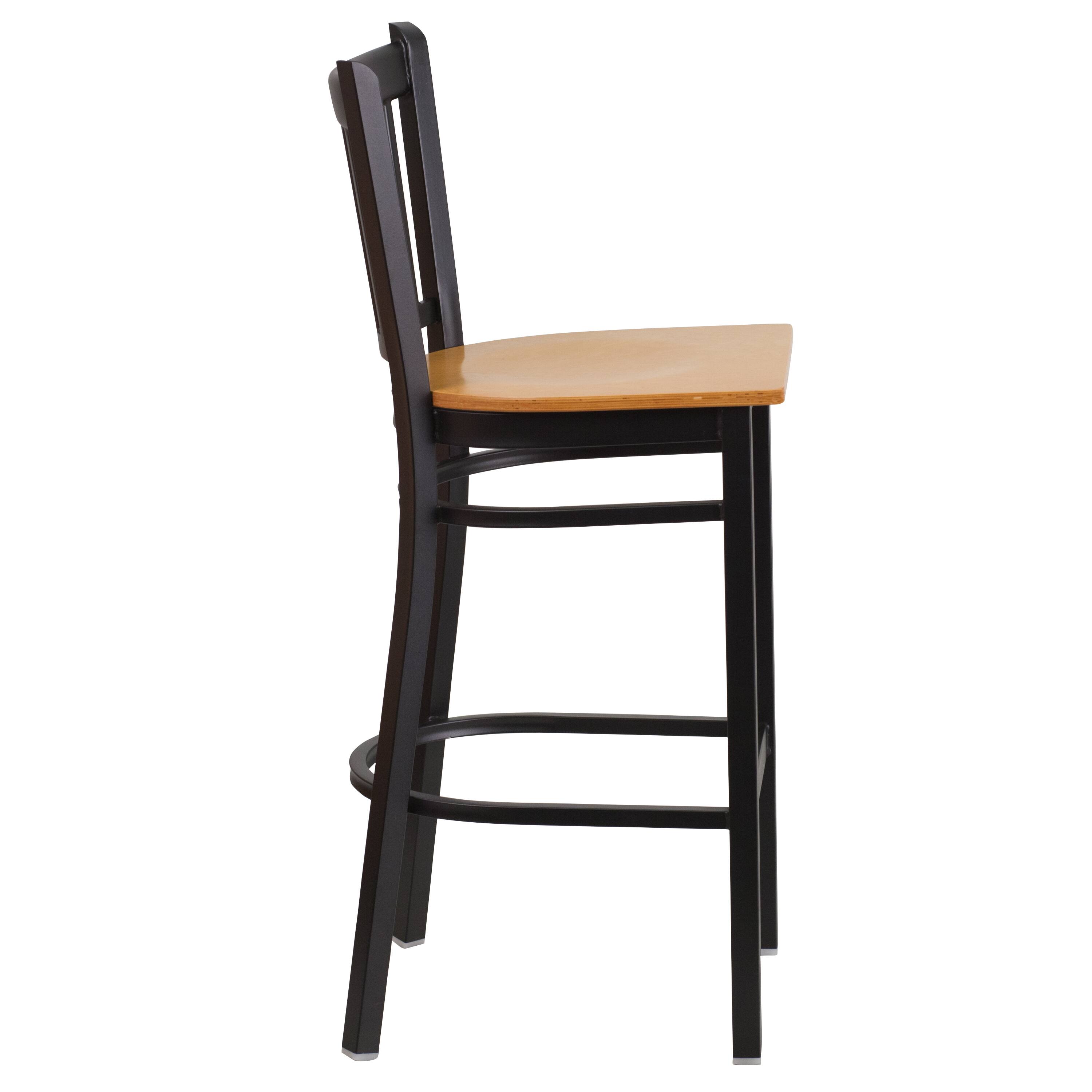 Alt View 6. Emma + Oliver - Vertical Back Metal Restaurant Dining Barstool - Natural Wood Seat/Black Metal Frame.