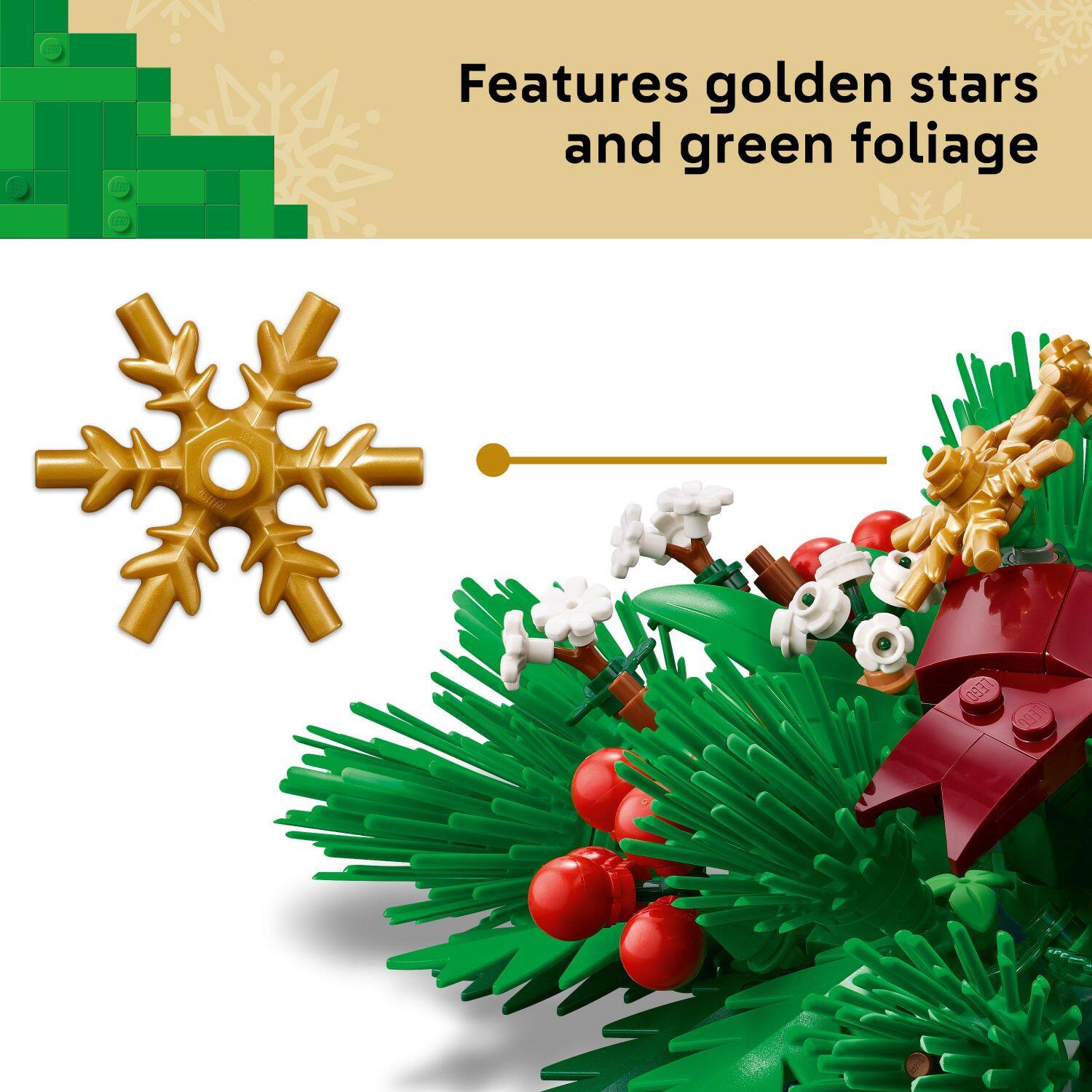Features golden stars and green foliage