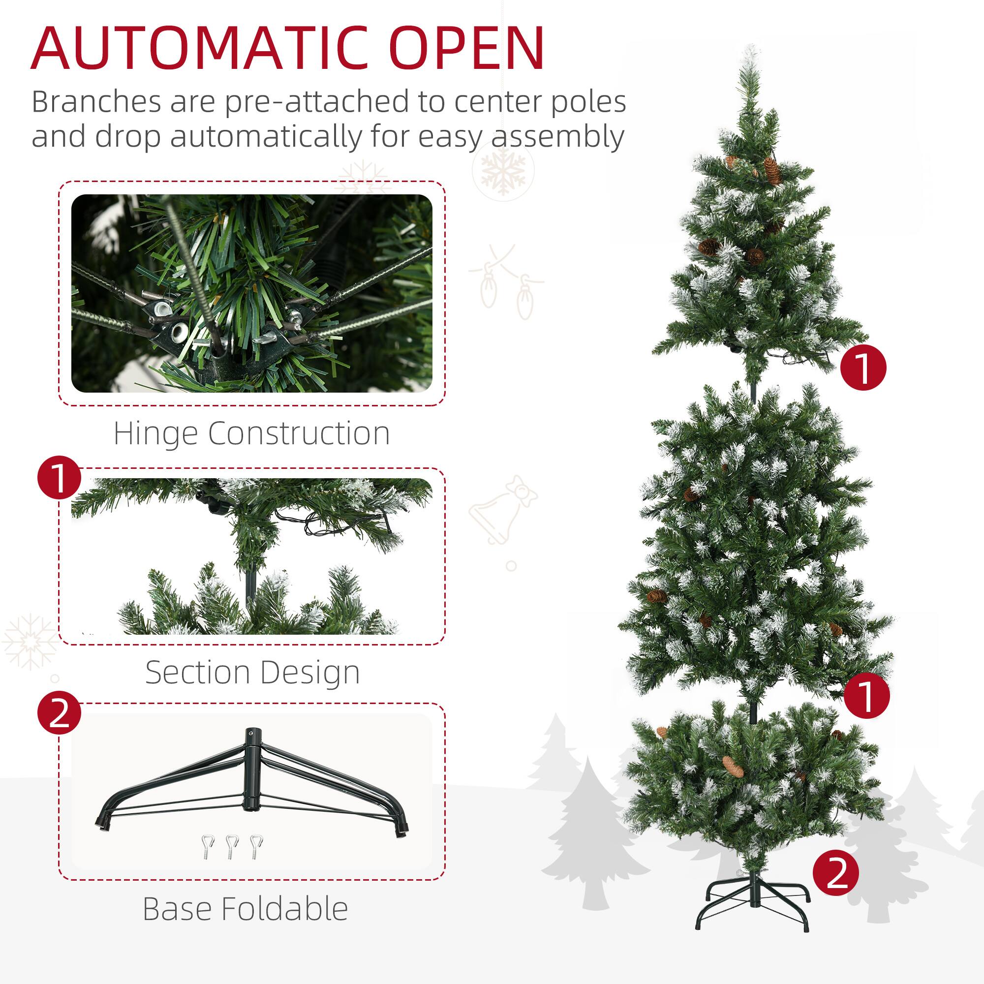 AUTOMATIC OPEN  
Branches are pre-attached to center poles and drop automatically for easy assembly  

1. Hinge Construction  
2. Section Design  
3. Base Foldable