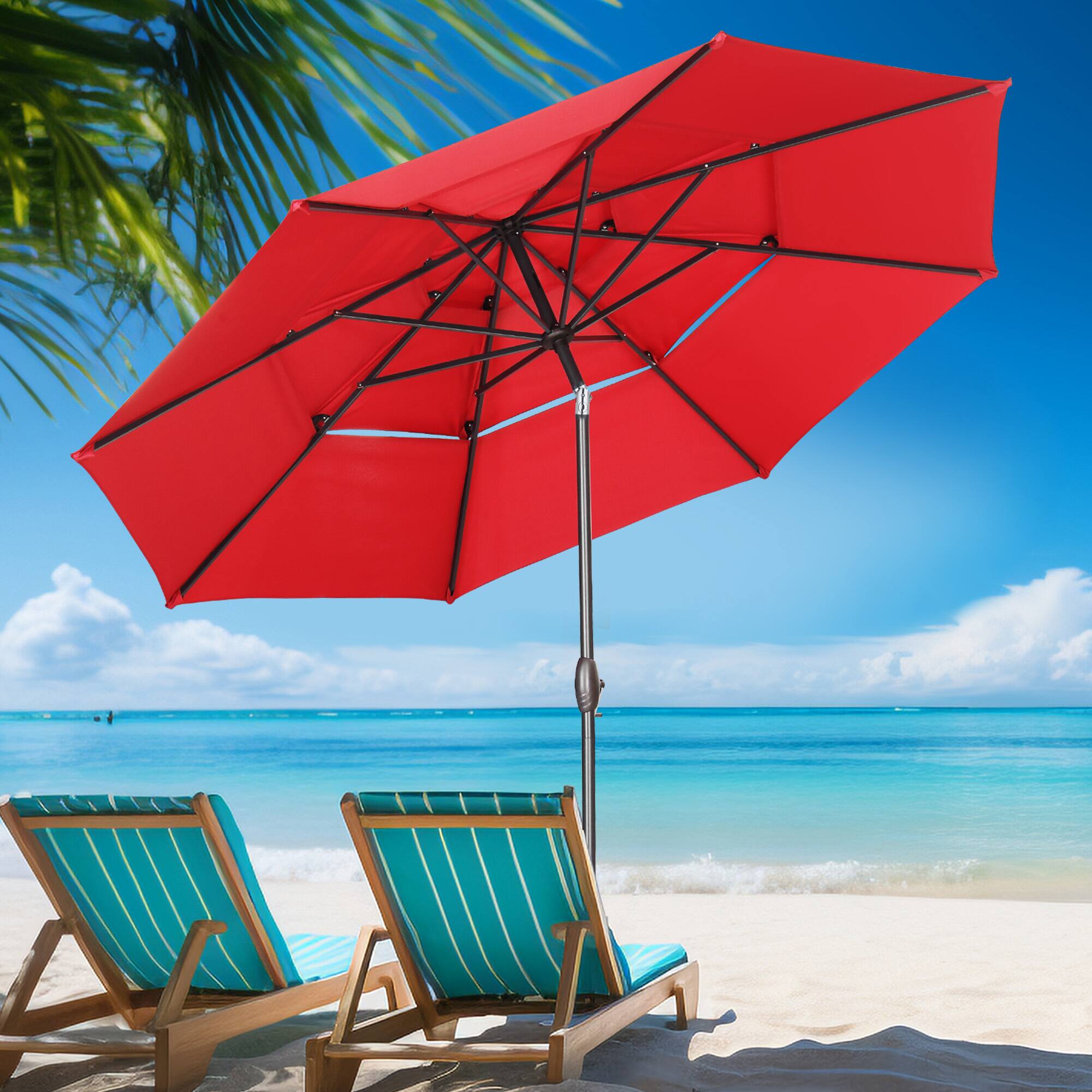 Back. Ainfox - Ainfox 10 FT Patio Umbrella 3 Tiers Outdoor Market Umbrella with Crank and Tilt for Garden Lawn Backyard Pool - Red.