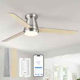 Vaczon - 52" Modern Reversible Blades Smart Flush Mount Ceiling Fan with App Control and Dimmable LED Light - Satin Nickle