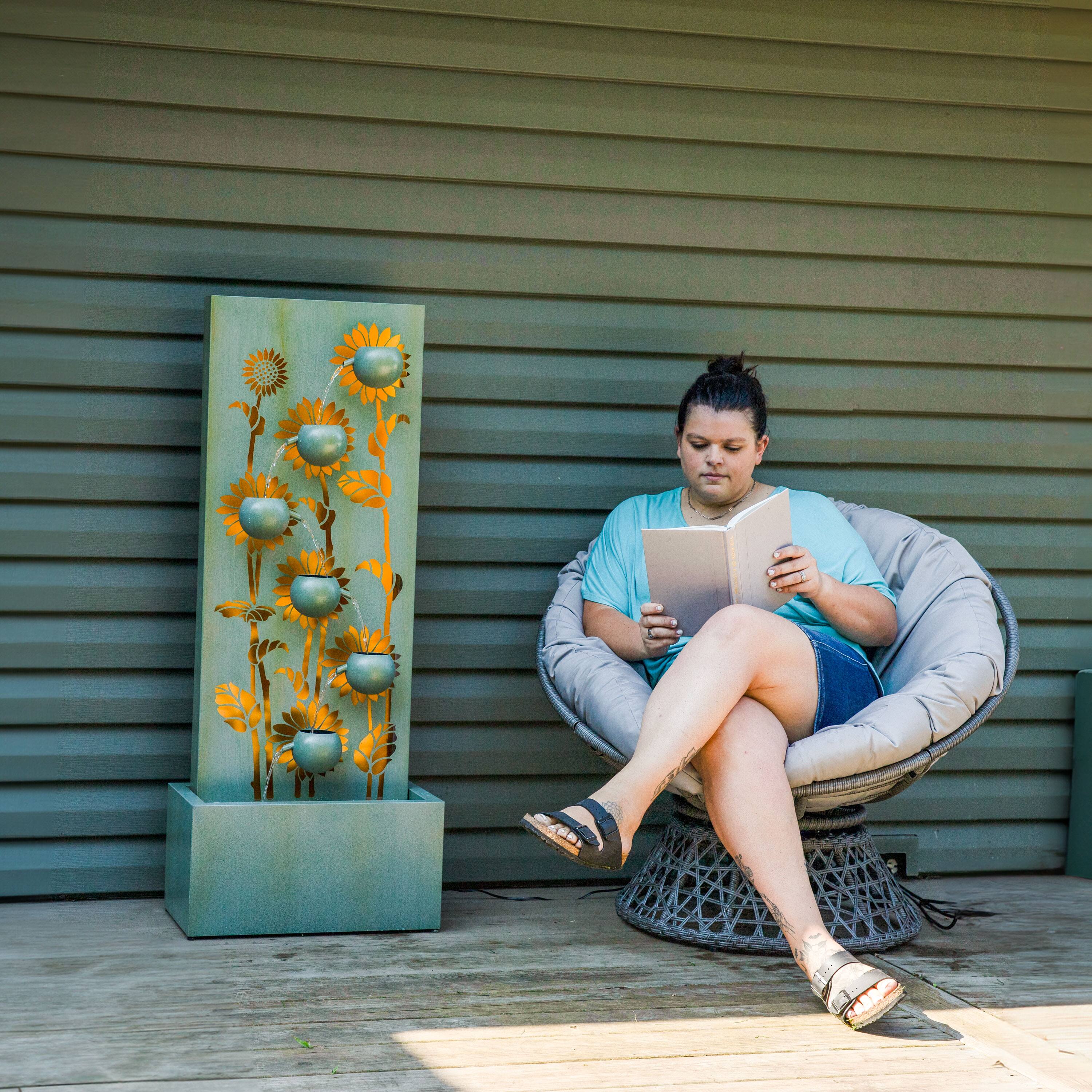Alt View 5. Sunnydaze - Sunflower Fields Steel Outdoor Water Fountain with LEDs - 48.5" - Green.