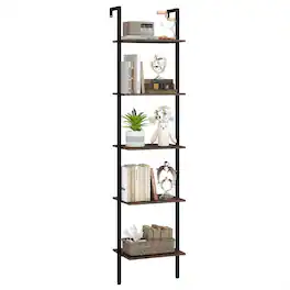 Pefilos - 5-Tier Wall-Mounted Ladder Shelf - Anti-Tip Space-Saving, Home Office Use, Rustic - Brown