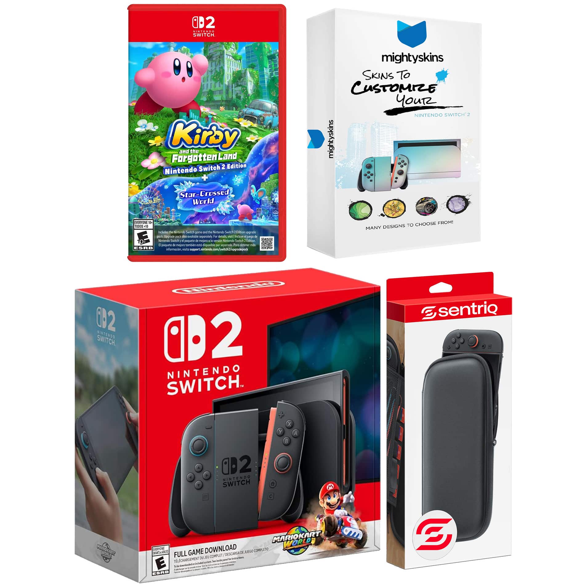 Switch 2 + Mario Kart World, Kirby and the Forgotten Land, MightySkins Code and Protective Case Bundle - Nintendo Switch 2