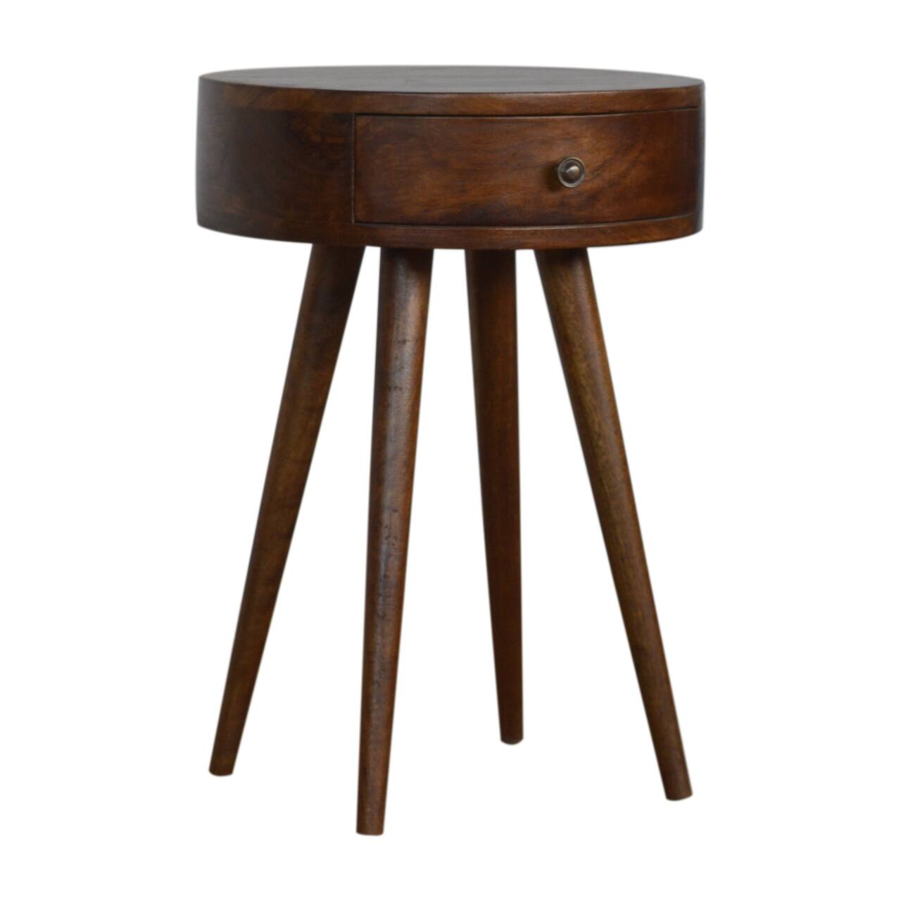 Left. Artisan Furniture - Artisan Furniture Solid Wood Nordic Chestnut Circular Nightstand, 1 Drawer, Nordic legs, Dark Brown - Chestnut.
