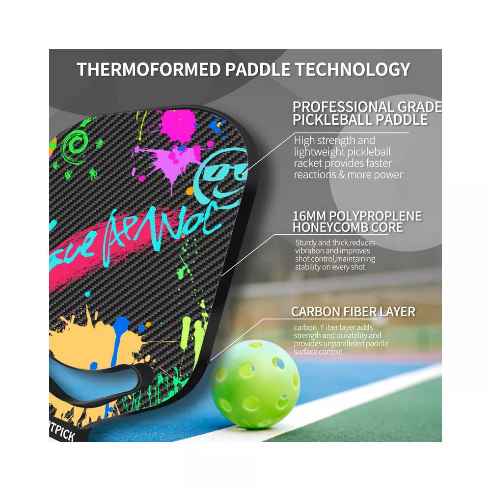 **THERMOFORMED PADDLE TECHNOLOGY**

**PROFESSIONAL GRADE PICKLEBALL PADDLE**

- High strength and lightweight pickleball racket provides faster reactions & more power

- **16MM POLYPROPYLENE HONEYCOMB CORE**
  - Sturdy and thick, reduces vibration and improves shot control, maintaining stability on every shot

- **CARBON FIBER LAYER**
  - Carbon fiber layer adds strength and durability and provides unparalleled paddle surface control