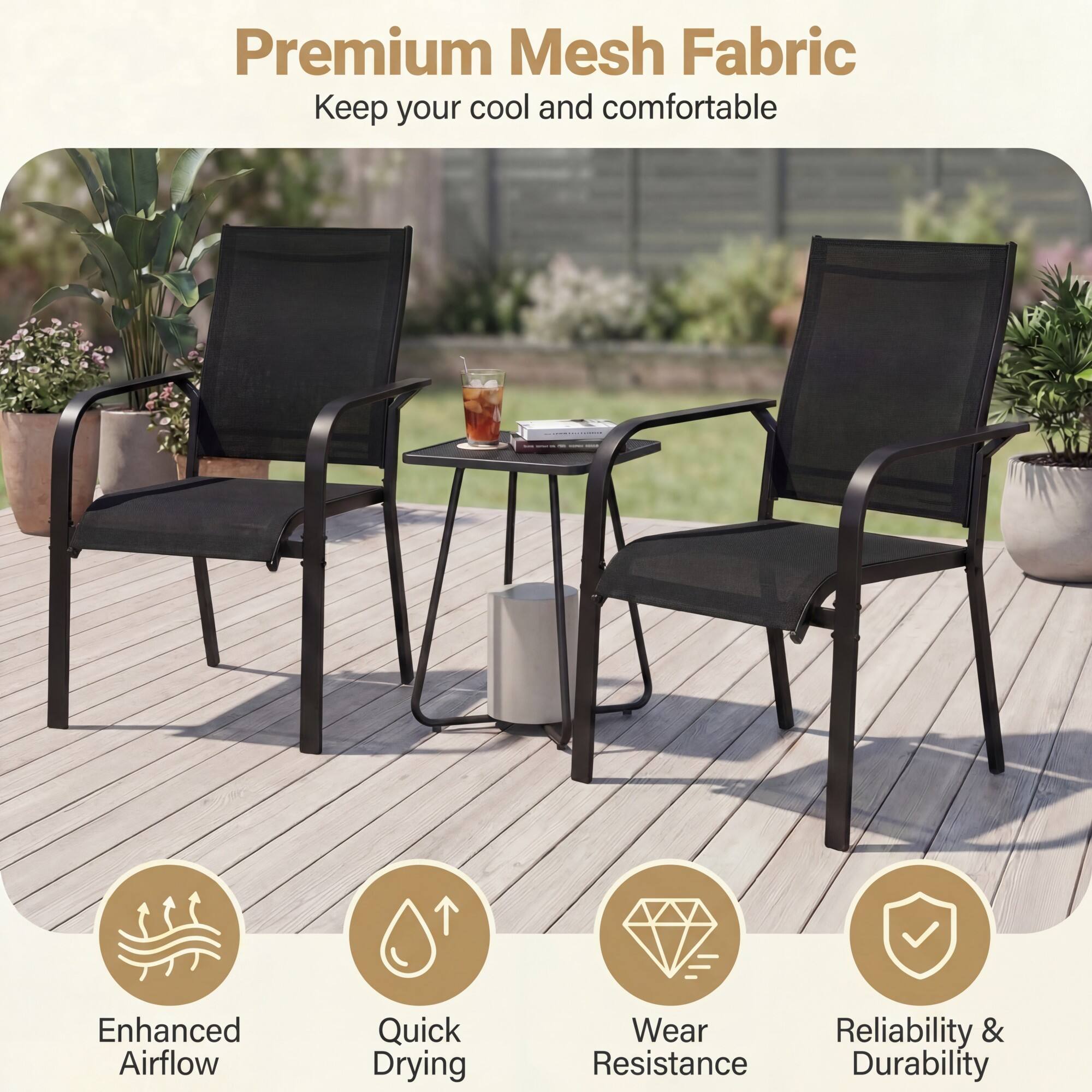 Premium Mesh Fabric  
Keep your cool and comfortable  

Enhanced Airflow  
Quick Drying  
Wear Resistance  
Reliability & Durability