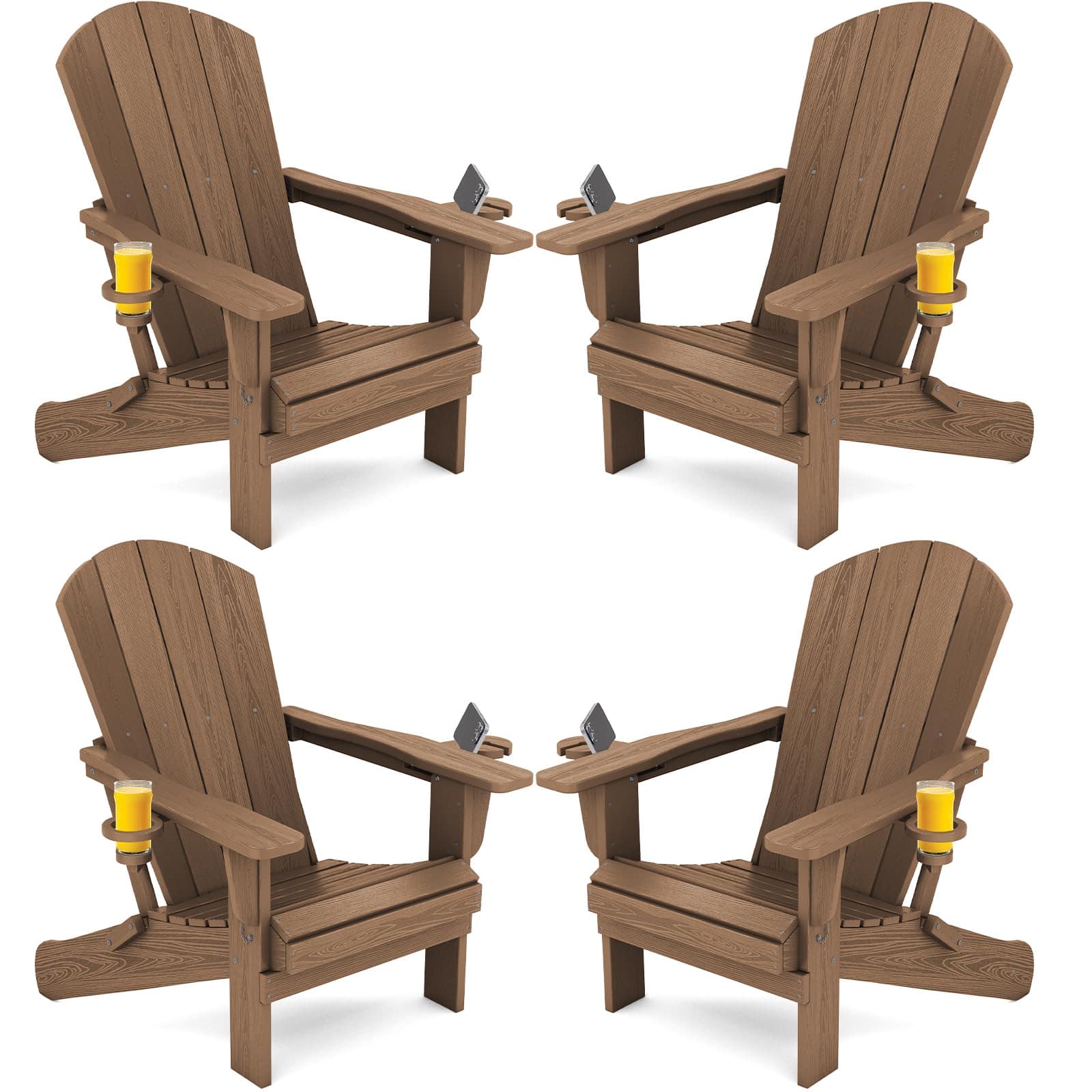 SERWALL - Adirondack Chairs Set of 4 with Cup Holders,Composite Adirondack Chairs,HDPE Outdoor Chairs - Brown