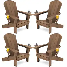 SERWALL - Adirondack Chairs Set of 4 with Cup Holders,Composite Adirondack Chairs,HDPE Outdoor Chairs - Brown
