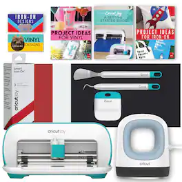 Cricut - Joy Machine with Mini Heat Press Blue Tool Kit and Iron on Sampler Bundle
