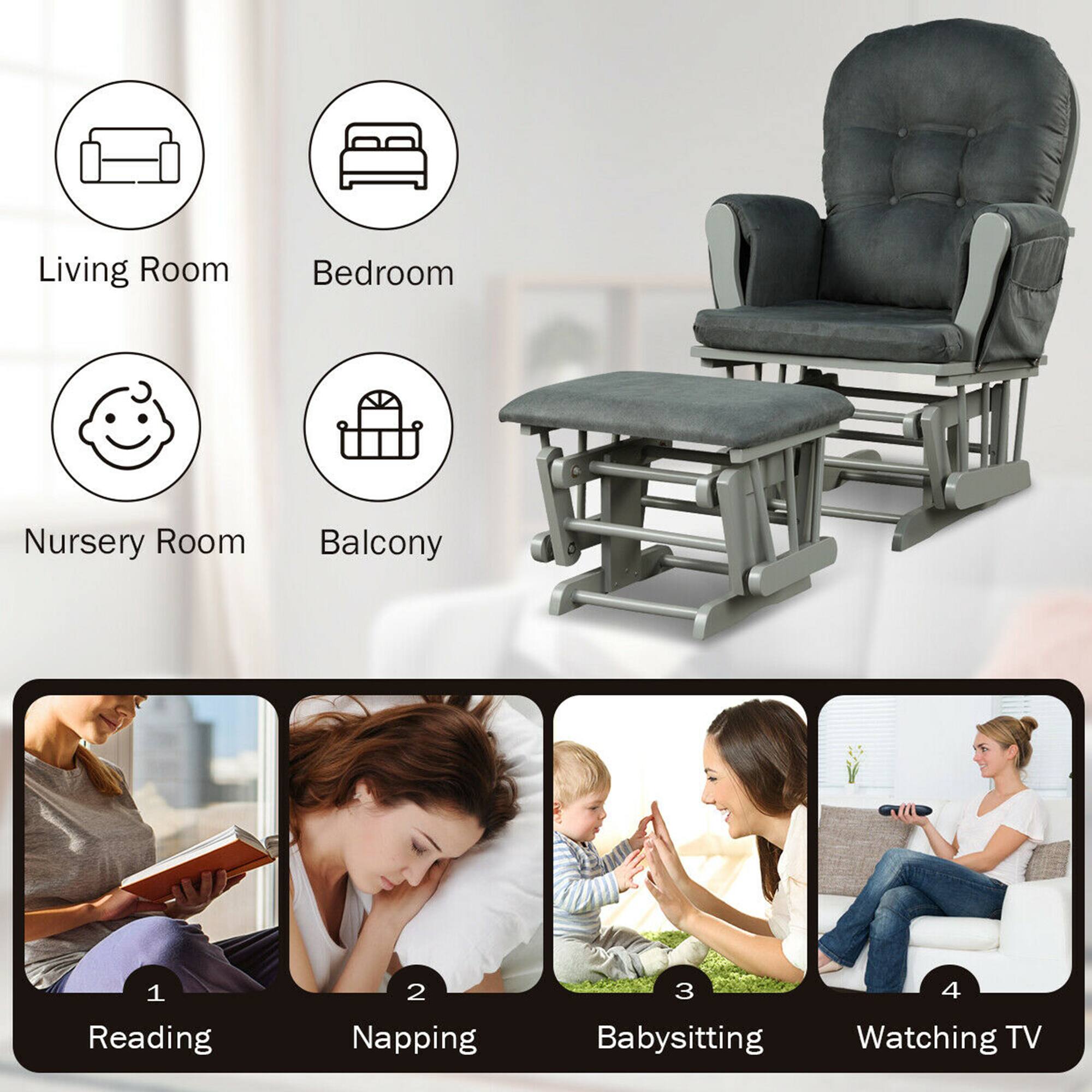 Living Room  
Bedroom  
Nursery Room  
Balcony  

1 Reading  
2 Napping  
3 Babysitting  
4 Watching TV