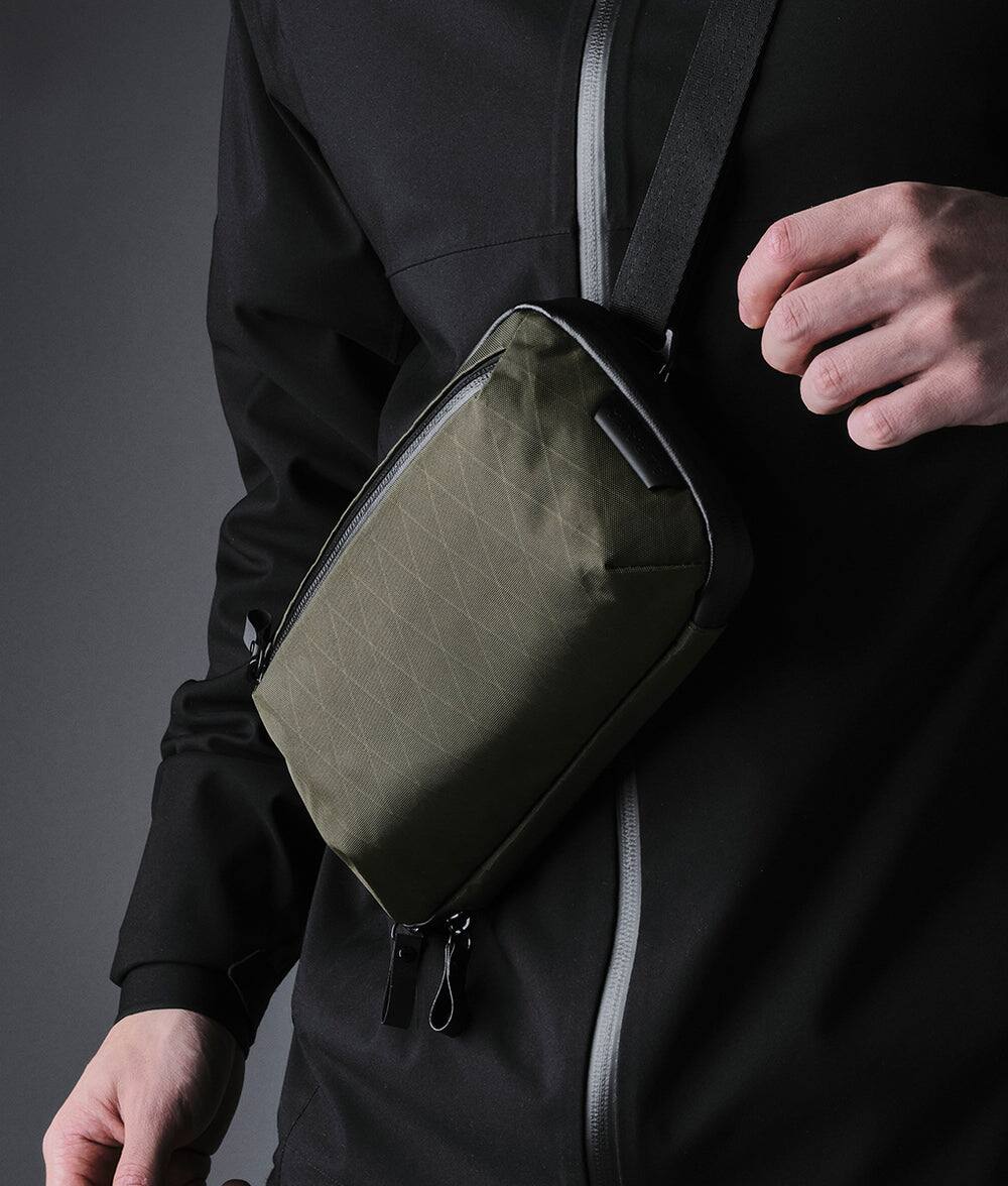Back. ALPAKA - Tech Organizer Sling Bag 1.5L with Strap, Accordion Opening, 9 Pockets, Fits Kindle, Weatherproof Fabric, YKK Zippers - Olive Green X-Pac VX42.