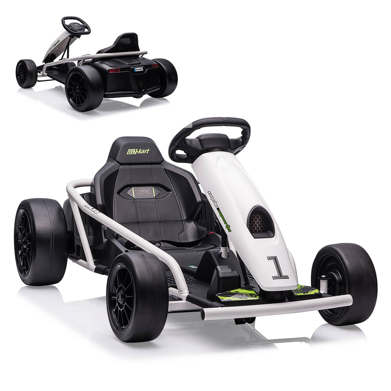 GARVEE - 24V Kids Electric Drift Go Kart, Racing Ride-On Car with Dual 300W Motors, Music, Seatbelt & 8MPH Speed for Ages 8–12 - White