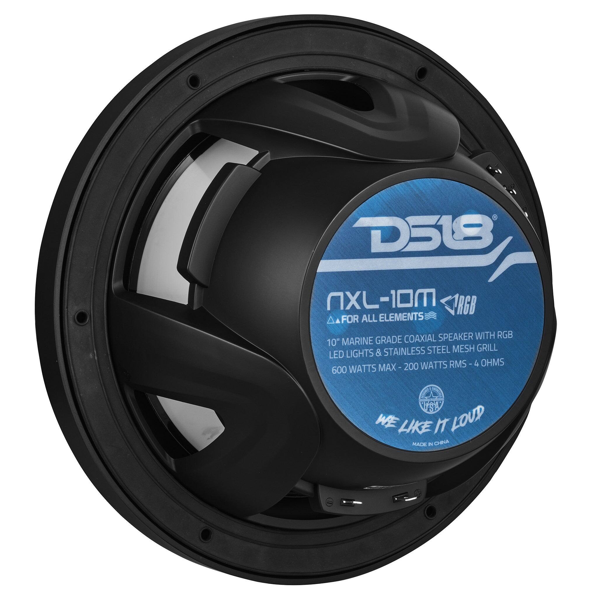 D518 NXL-10M AGO FOR ALL ELEMENTS COAXIAL SPEAKER WITH RGB 10" MARINE GRADE STAINLESS STEEL MESH GRILL LED LIGHTS & 200 WATTS RMS 4 OHMS 600 WATTS MAX - WE LIKE IT LOUD MADE IN CHINA