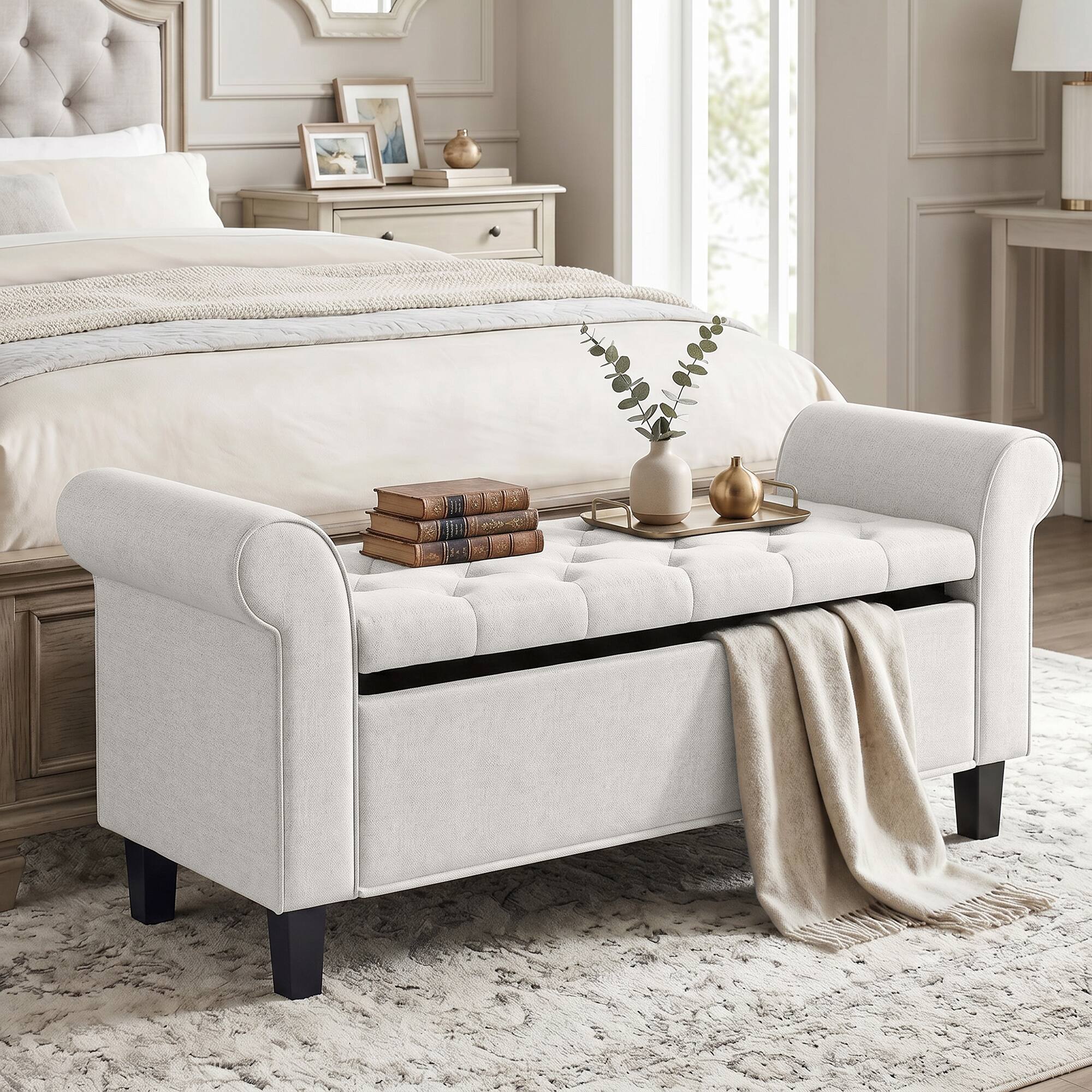 Alt View 1. Homcom - Storage Ottoman Bench, Tufted End of Bed Bench with Rolled Arms, Safety Hinge, Wood Legs for Bedroom - Cream White.