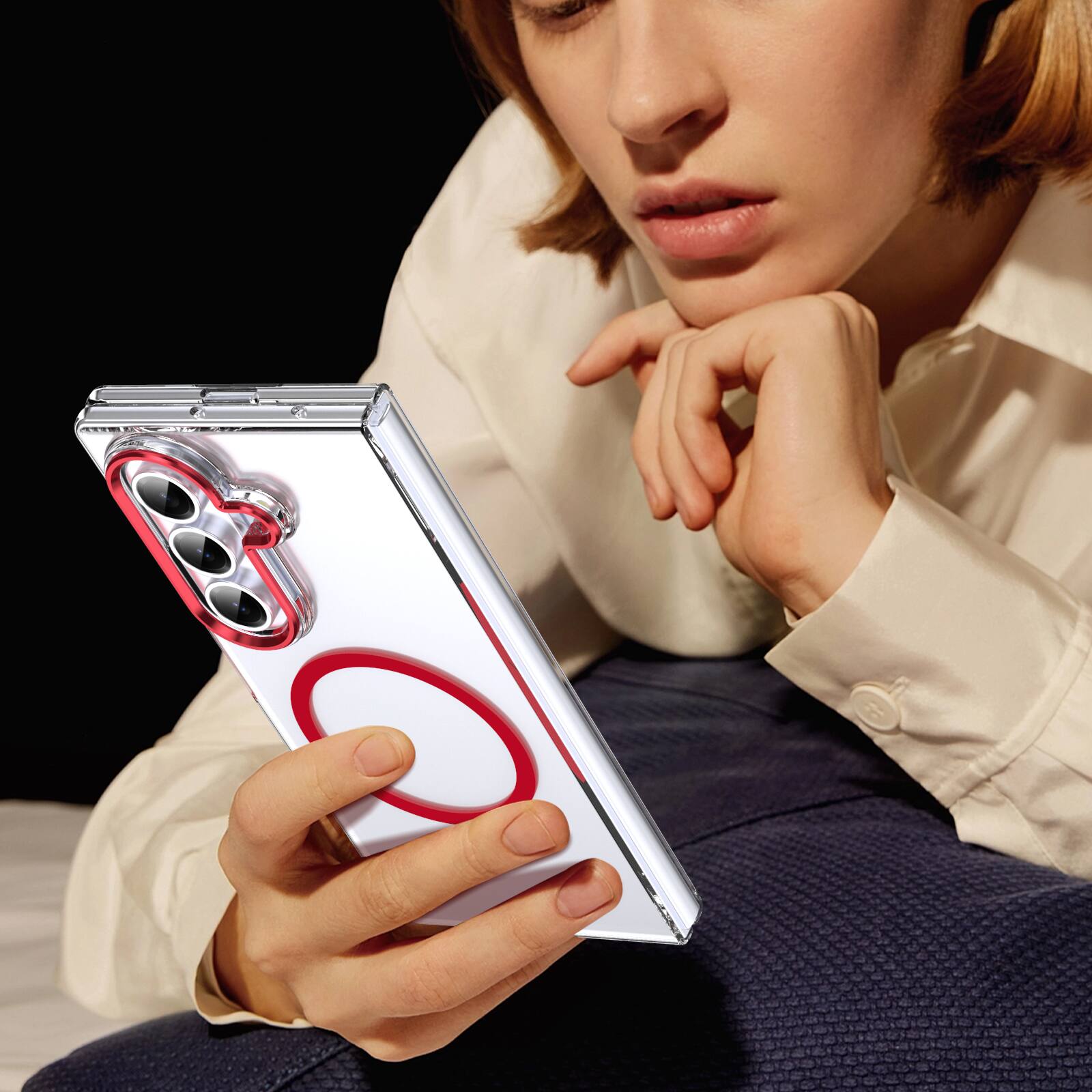 Alt View 3. Dteck - Clear Shockproof Phone Case for Samsung Galaxy Z Fold7 Built-in Screen Protector, HD Transparent Hard PC Magnetic Cover - Red.