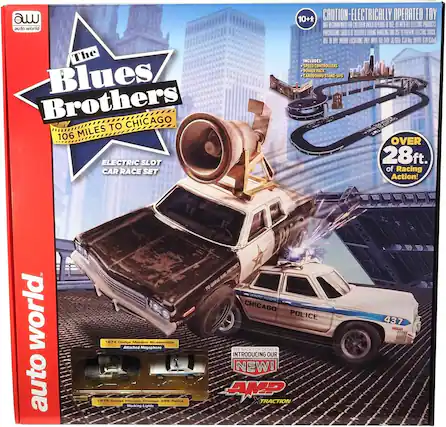 auto world
The Blues Brothers
106 MILES TO CHICAGO
ELECTRIC SLOT CAR RACE SET
10+
CAUTION - ELECTRICALLY OPERATED TOY
NOT RECOMMENDED FOR CHILDREN UNDER 10 YEARS OF AGE.
PRECAUCIÓN: JUGUETE ELÉCTRICO. NO RECOMENDADO PARA NIÑOS MENORES DE 10 AÑOS.
ATTENTION: ELECTRICALLY OPERATED TOY. NOT RECOMMENDED FOR CHILDREN UNDER 10 YEARS OF AGE.
INCLUDES:
- SPEED CONTROLLERS
- POWER PACK
- CARDBOARD STAND-UPS
OVER 28ft. of Racing Action!
1974 Dodge Monaco Bluesmobile
Attached Megaphone
1978 Dodge Monaco Chicago 358 Police
Working Lights
CHICAGO POLICE
437
SEE BACK FOR DETAILS
INTRODUCING OUR NEW!
AMP TRACTION
