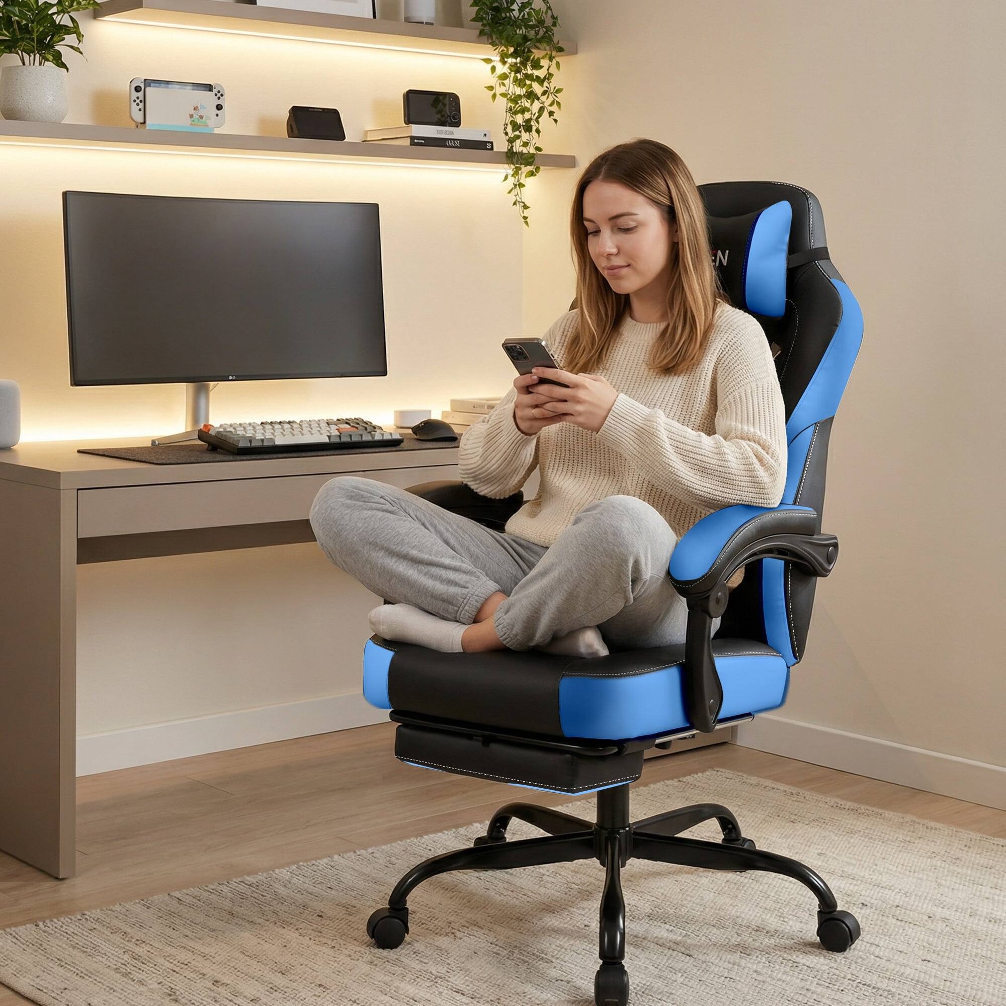 Alt View 7. Celtoss - Big & Tall Gaming Chair with Footrest, 400 lbs Heavy Duty Ergonomic PU Leather Recliner with Headrest & Lumbar Support - Big & Tall Blue.
