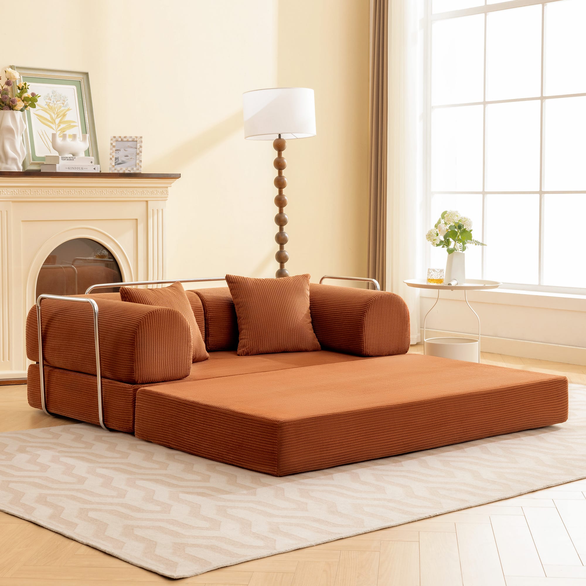 Brick Attic - 4-in-1 Folding Convertible Floor Sofa Bed, 63 Inch Oversized Modern Fabric Boneless Couch for Living Room Bedroom Lounge - Reddish Brown