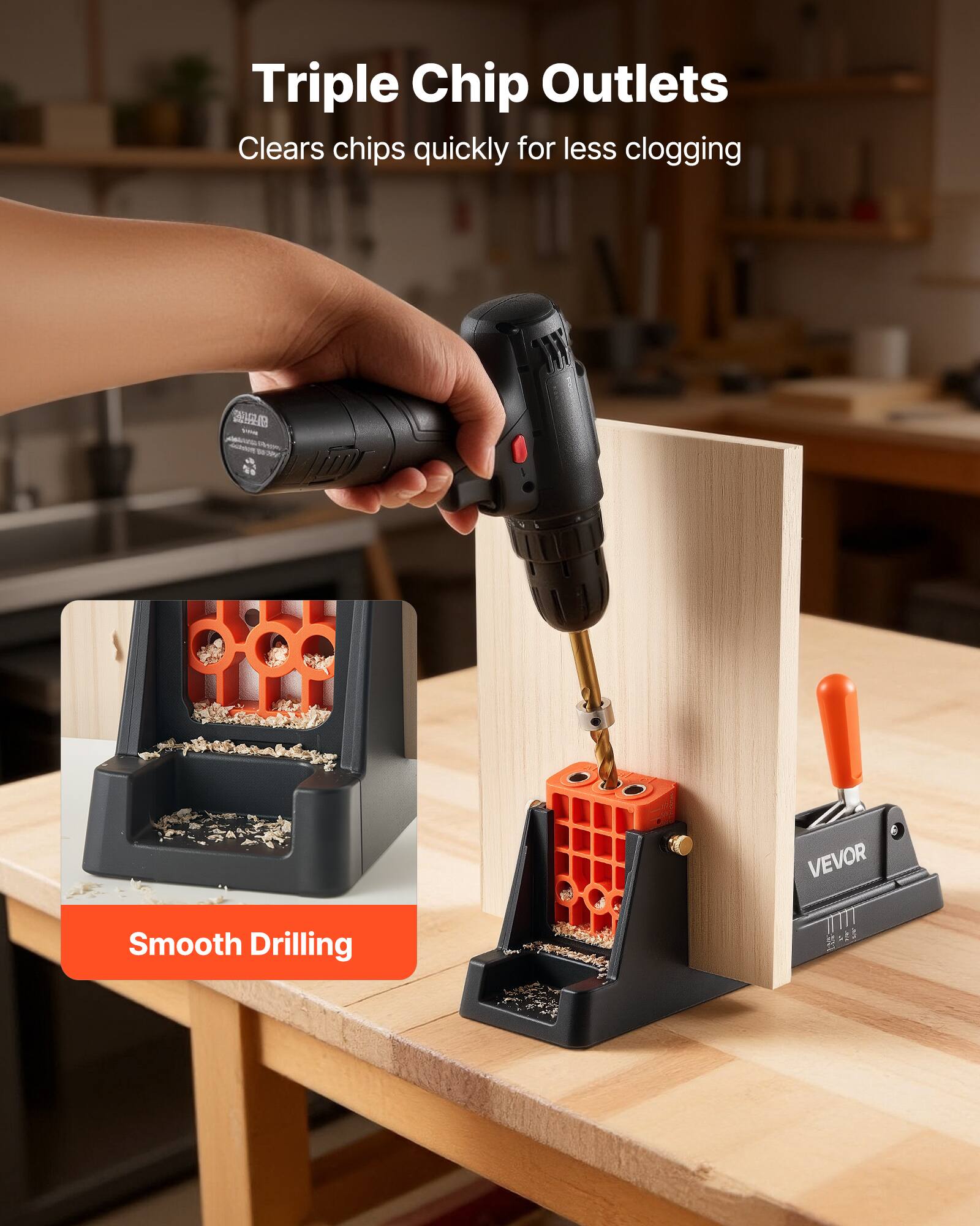 Triple Chip Outlets  
Clears chips quickly for less clogging  

Smooth Drilling