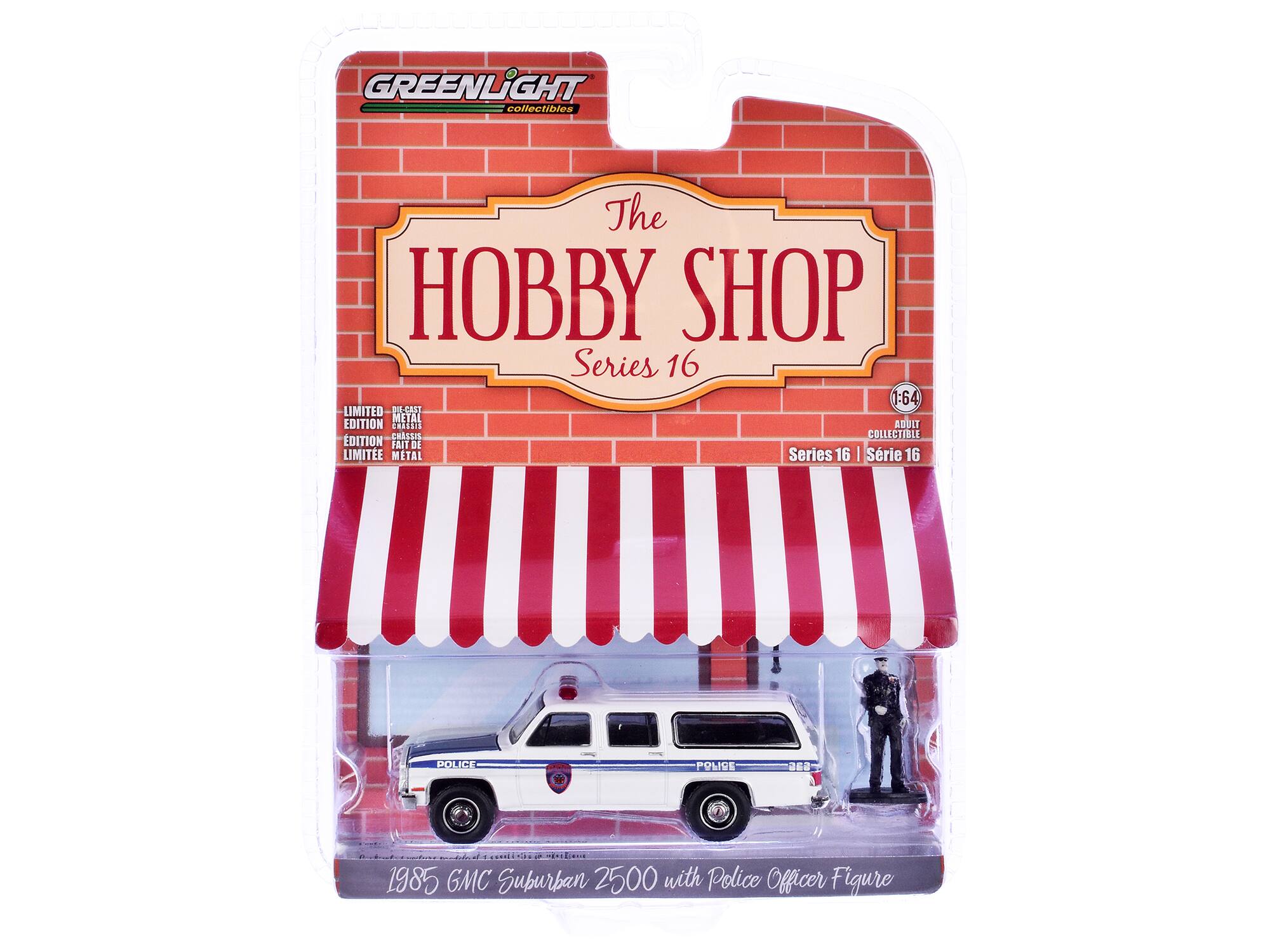 GREENLIGHT collectibles The HOBBY SHOP Series 16 1:64 LIMITED PUL-CAST METAL EDITION 4 CHASSIS ADULT CHASSIE COLLECTIBLE DITION HAT DE DE LIMITE METAL Series 16 | Série 16 POLICE - POLICE sa -. . 1985 GMC Suburban 2500 with Police Officer Figure