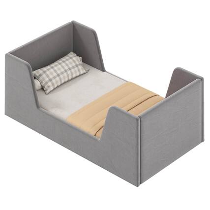 Front. Costway - Costway Soft Velvet Fabric Upholstered Children Floor Bed with Safety Rails & Headboard - Gray.