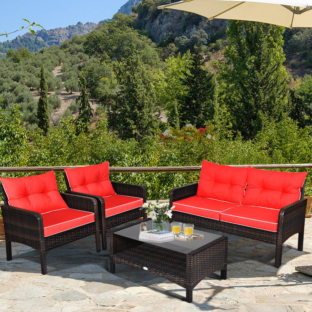 Alt View 3. Gymax - Gymax 4PCS Rattan Patio Conversation Set Red Cushioned Outdoor Furniture Set - Red.